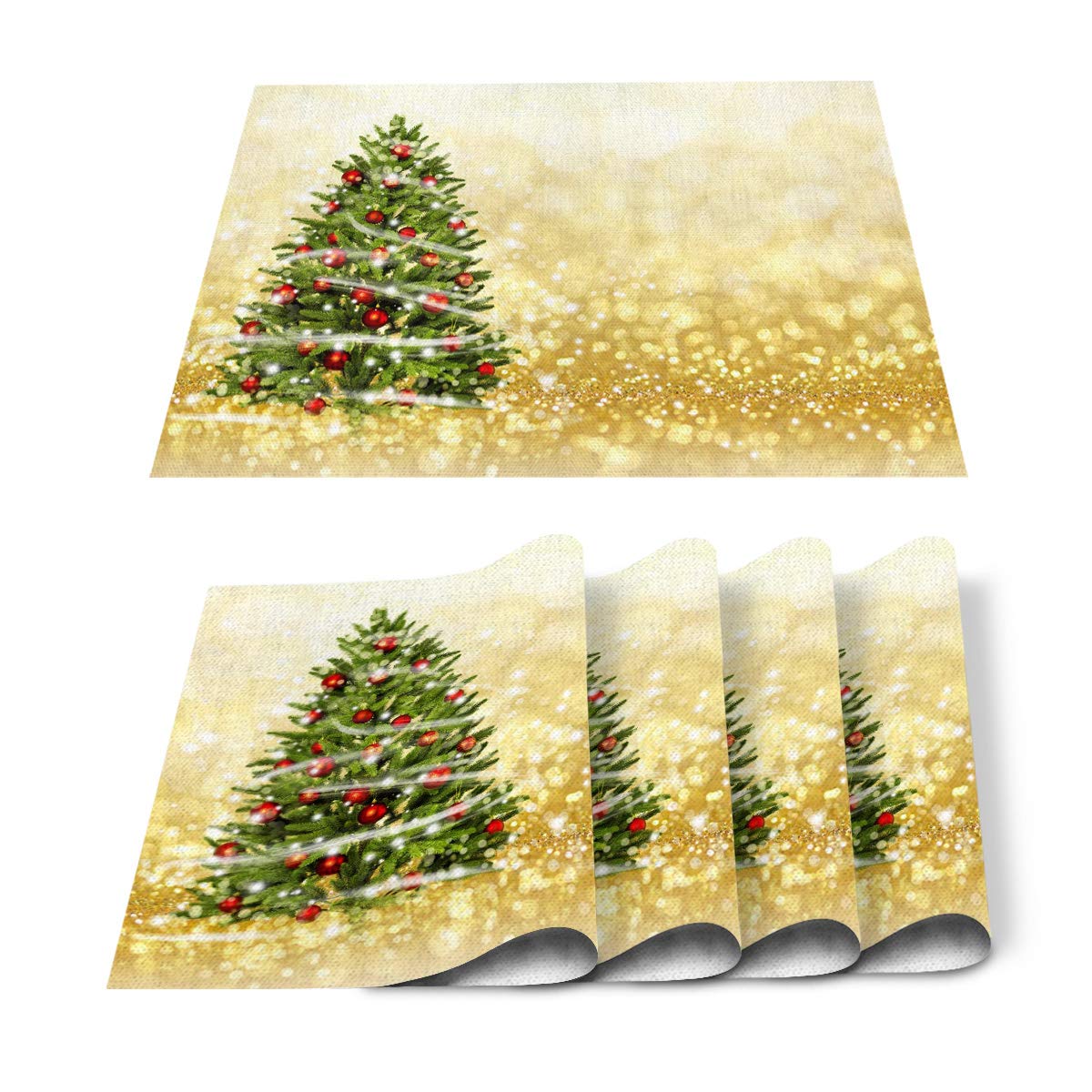 Zadaling 4-Piece Christmas Tree Placemats Set - Colorful Dotted Heat-Resistant Cotton Linen Place Mats for Dining Table, Non-Slip Holiday Decor for Farmhouse Kitchen & Banquet - Perfect for Christmas Dinner, Thanksgiving, and Festive Gatherings