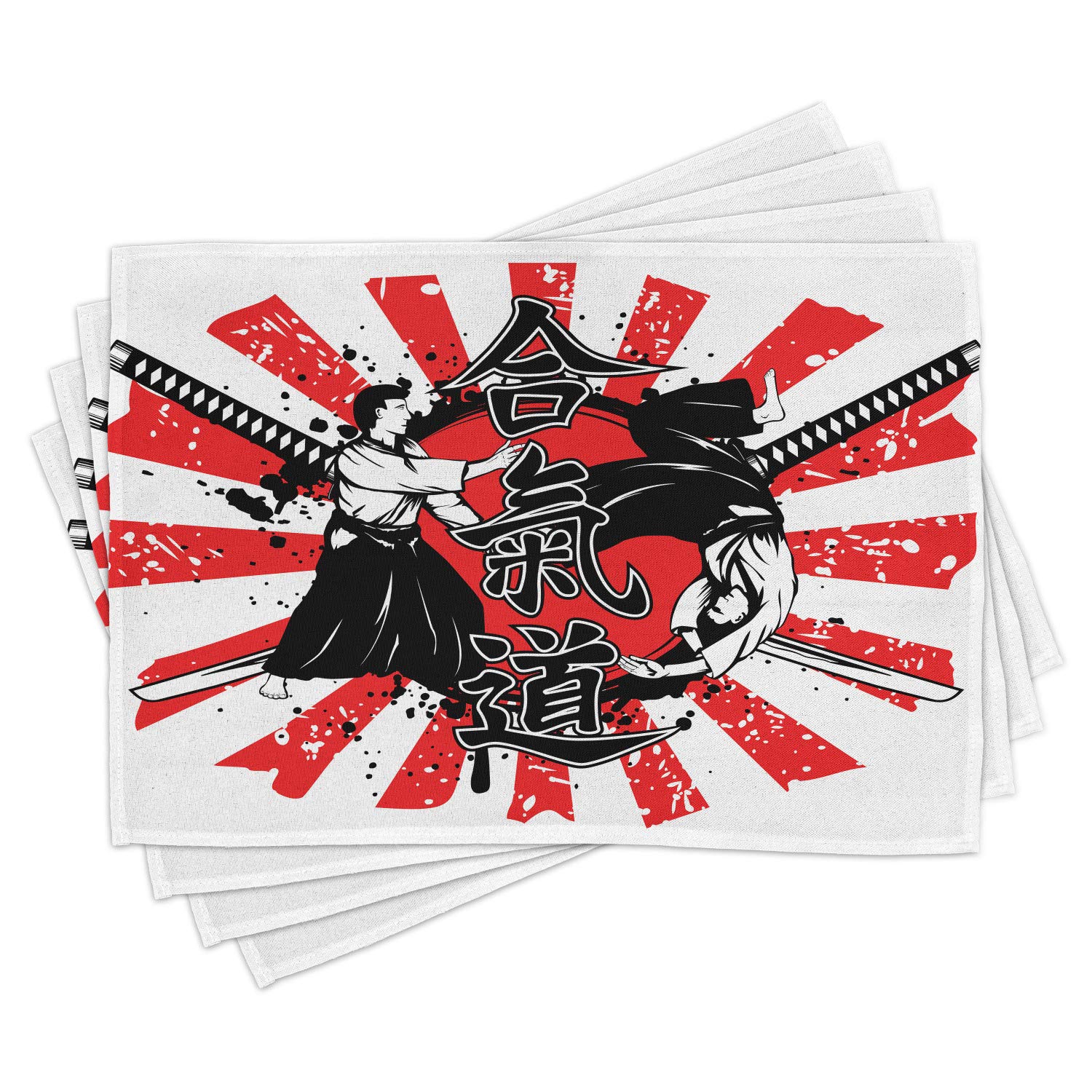 Ambesonne Japanese Samurai Place Mats Set of 4 - Crossed Katana & Aikido Design, Washable Fabric Table Mats for Dining Room & Kitchen Decor (Orange, Black, White) - Perfect for Asian-Themed Dinner Parties, Sushi Nights & Zen Home Decor