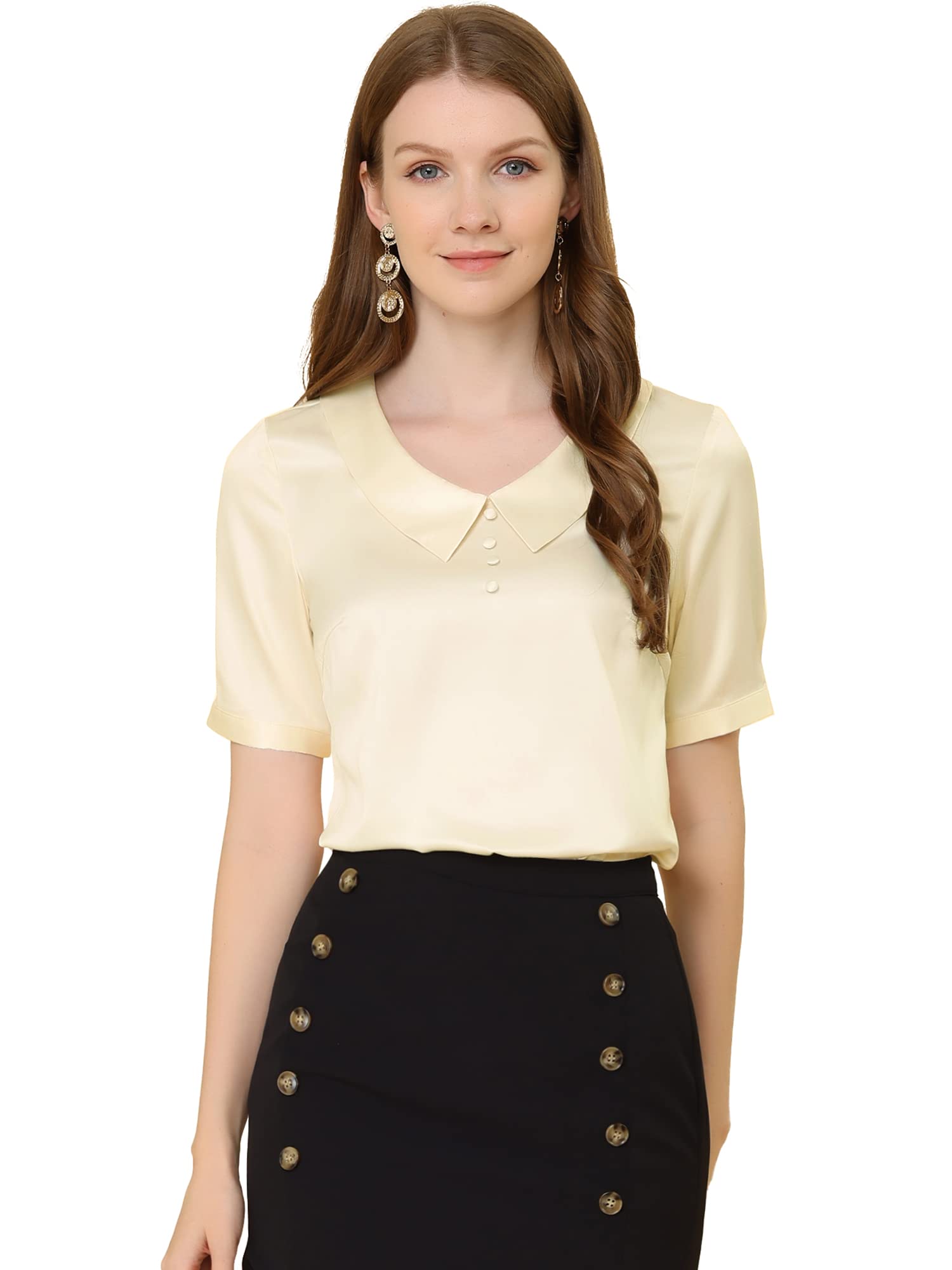 Allegra K Women's Satin Office Blouse 2024 - Turndown Collar Button Decor Short Sleeve Work Tops for Business Casual & Professional Wear