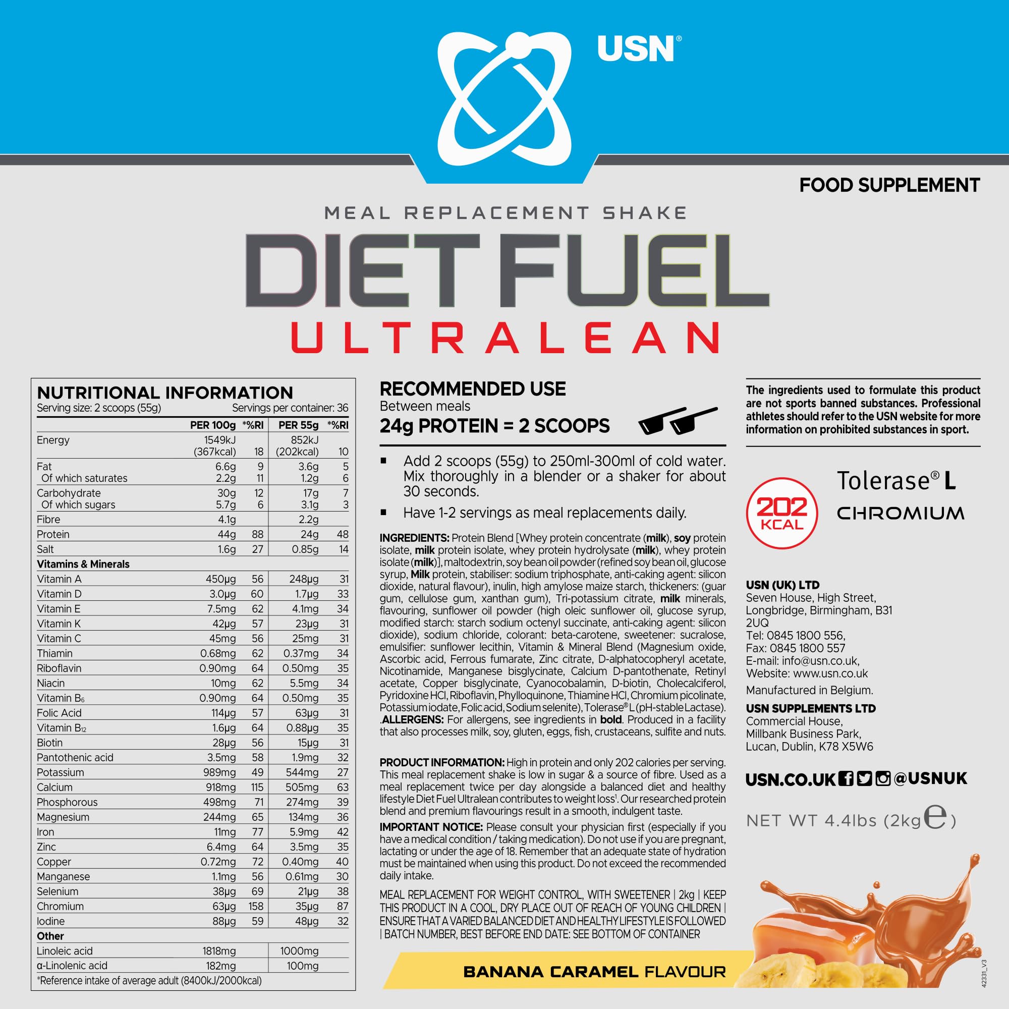 USN Diet Fuel Ultralean Banana Caramel Protein Shake Powder - 2kg Meal Replacement for Weight Loss | High Protein (24g), Low Calorie Powdered Drink Mix | Perfect for Post-Workout Recovery & Healthy Meal Substitutes