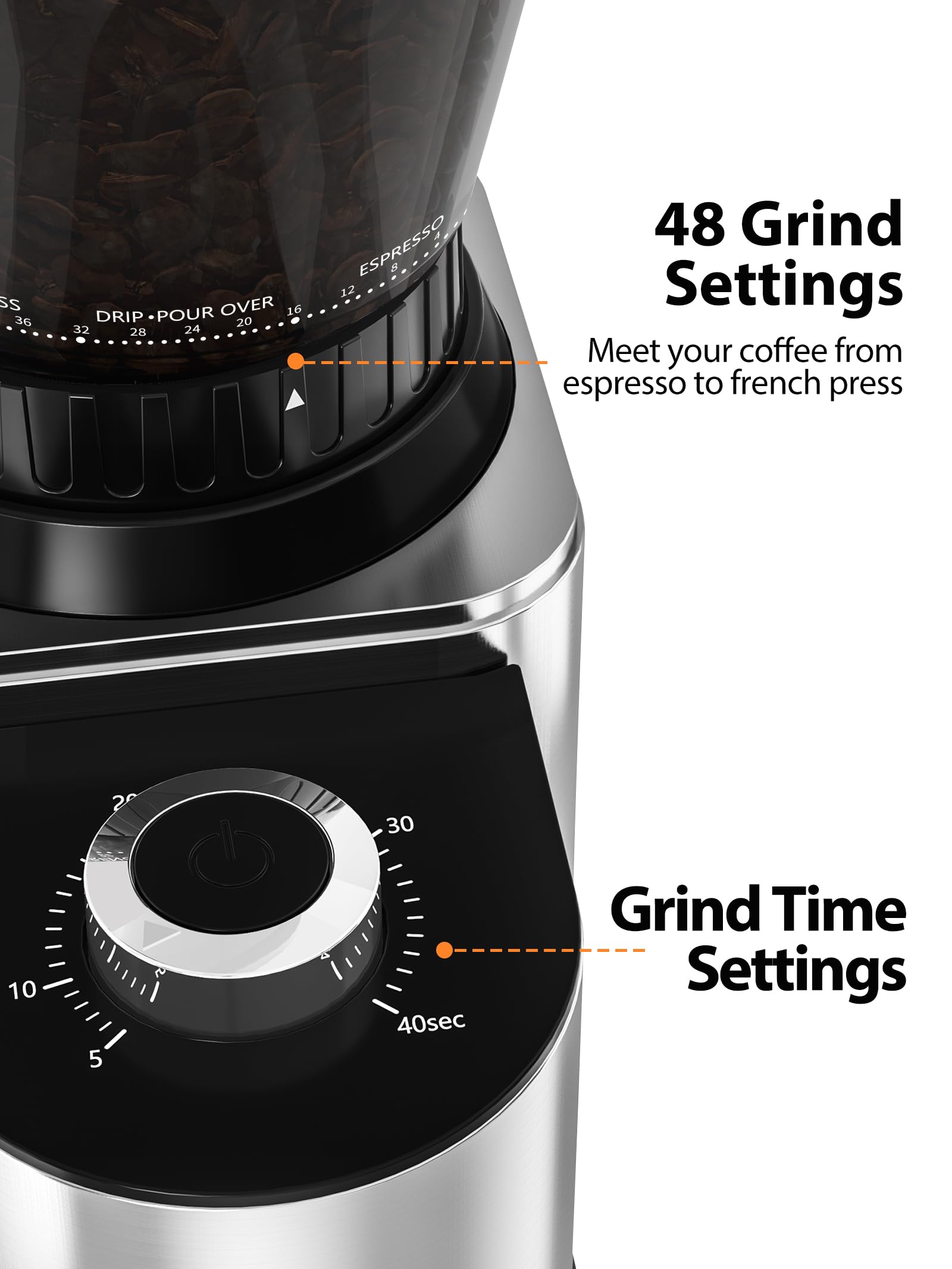 Aromaster Electric Conical Burr Coffee Grinder with 48 Grind Settings, Adjustable 40-Second Timer, Stainless Steel & Anti-Static Design - Perfect for Espresso, French Press, and Home Brewing (Silver)