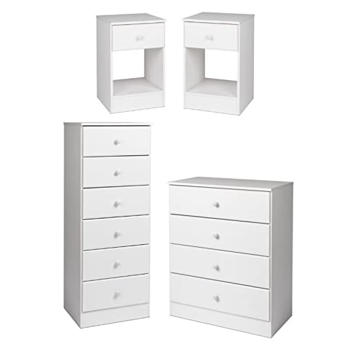 Home Square 4-Piece Bedroom Set with 2 Tall Nightstands, Dresser & Lingerie Chest in White - Perfect for Master Bedroom Organization & Storage