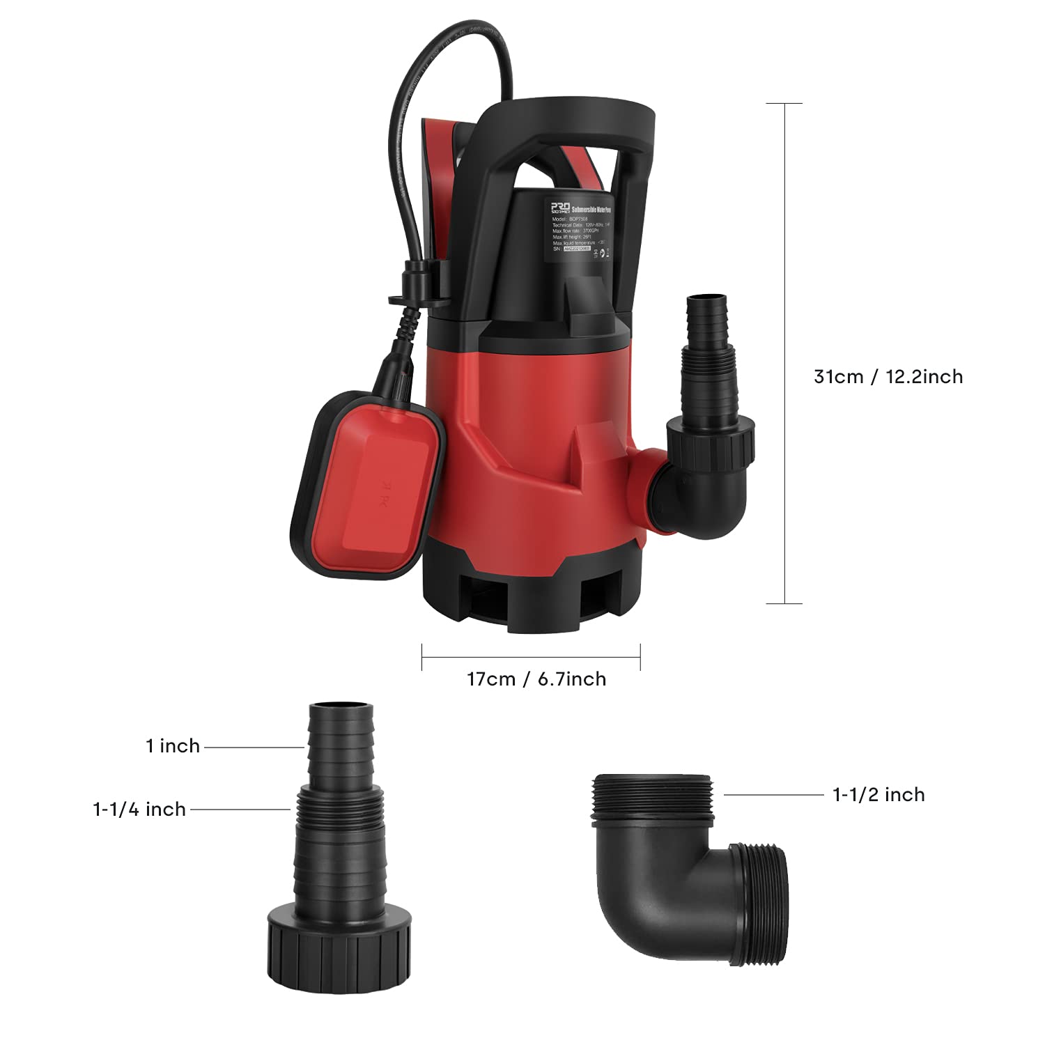 1HP Submersible Sump Pump with Automatic Float Switch - 3700GPH High Capacity Water Pump for Pool Draining, Hot Tub, Flood Control & Irrigation - Perfect for Basement, Yard, and Emergency Water Removal (Red)