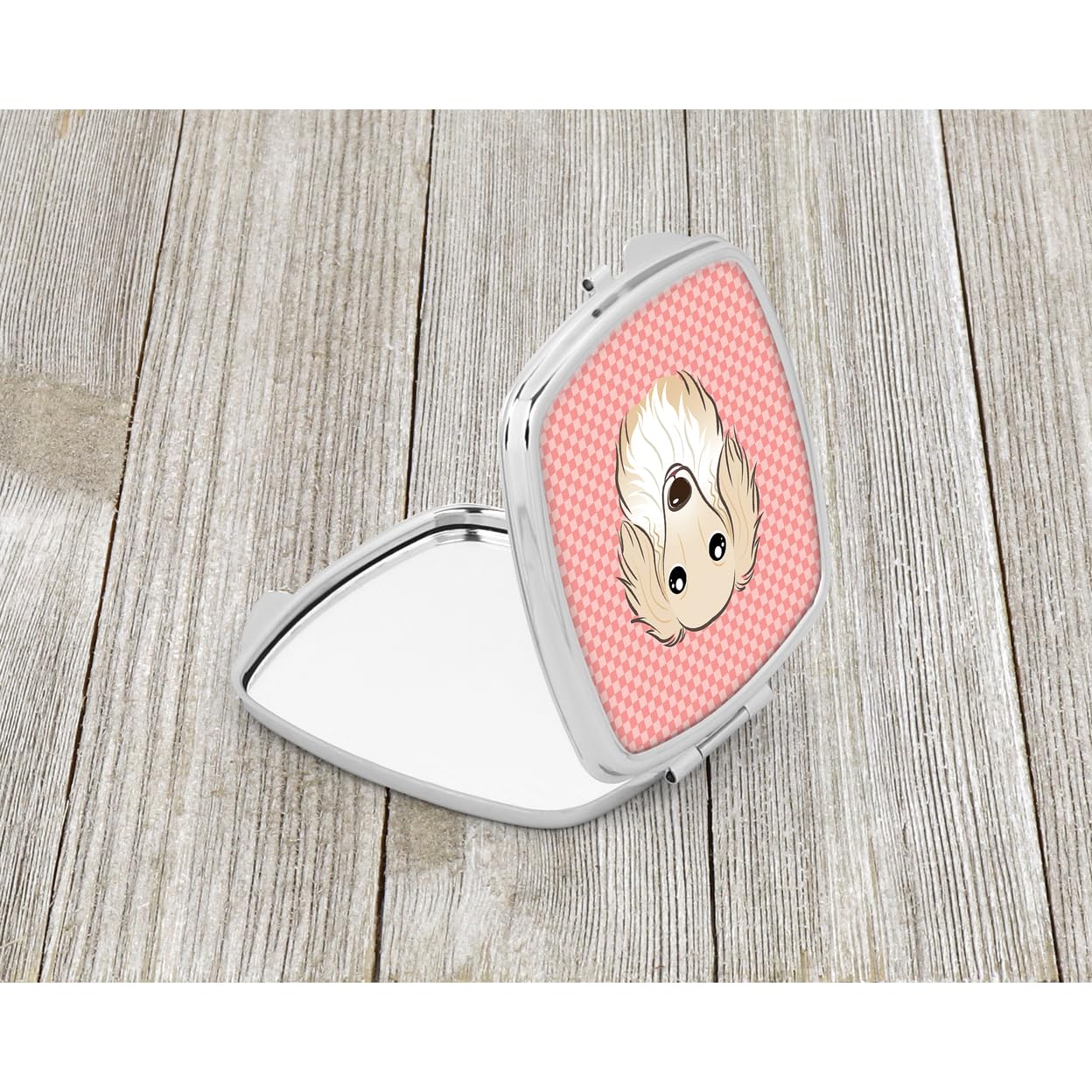 Caroline's Treasures BB1212SCM Pink Checkerboard Longhair Creme Dachshund Compact Mirror - Travel Makeup Mirror for Women & Girls, Handheld Folding Pocket Mirror, Perfect Gift for Makeup Touch-Ups On The Go