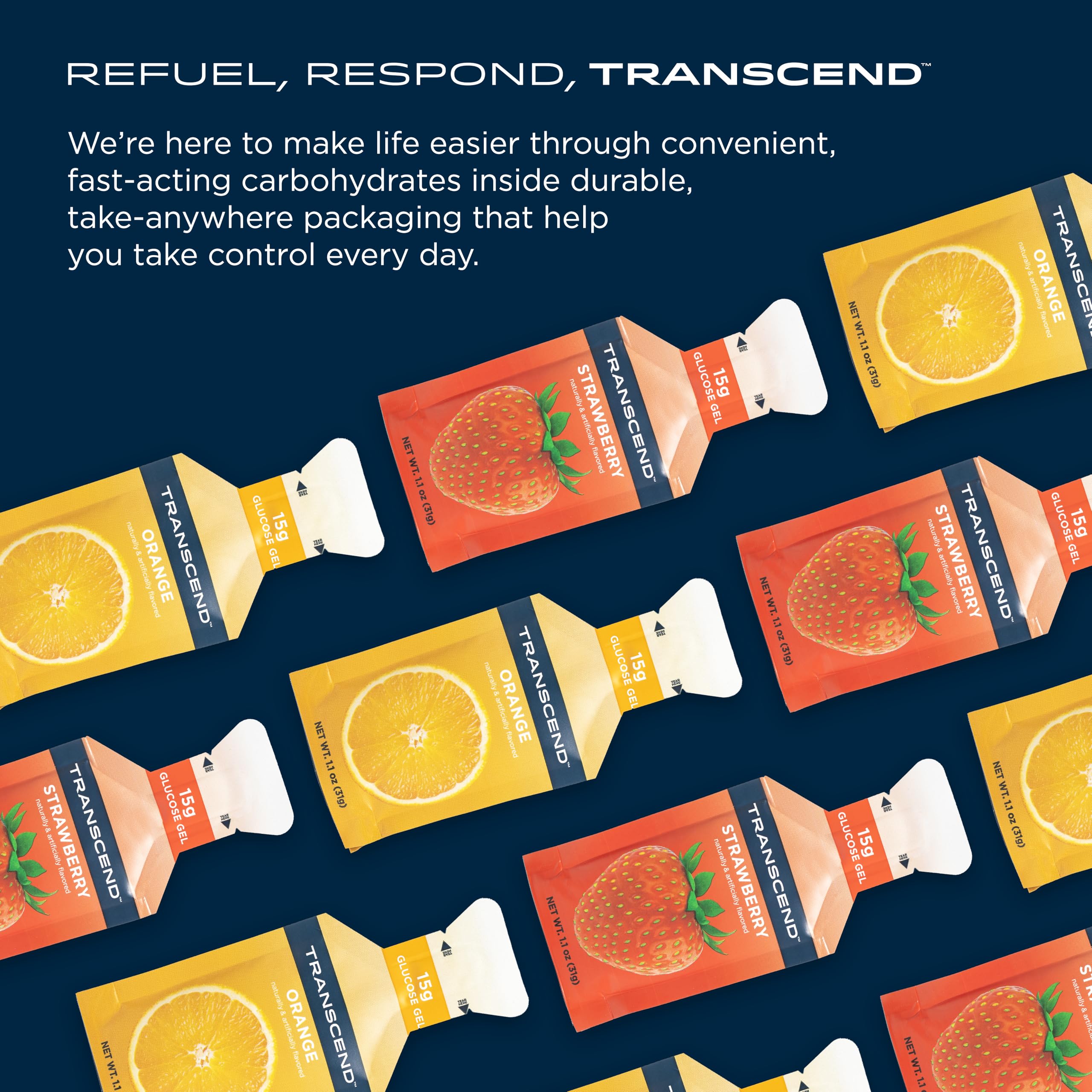 Transcend Foods Strawberry & Orange Energy Gels (1.1 oz, 38-Pack) - Fast-Acting Carbohydrate Gel for Runners & Athletes - Caffeine-Free, Gluten-Free Sports Nutrition - Perfect for Marathon Training & Endurance Events