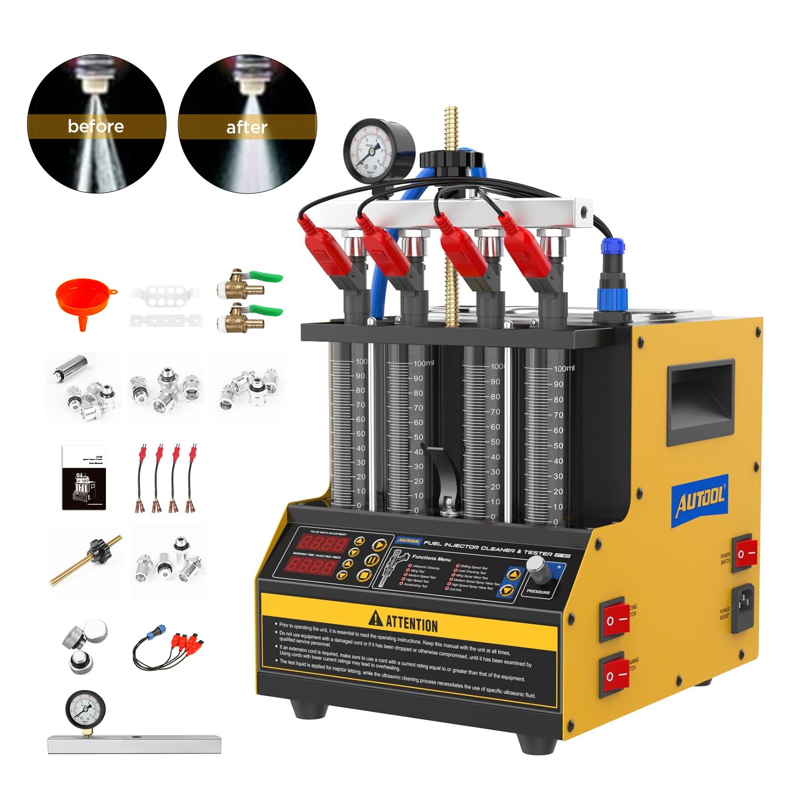 Fuel Injector Cleaner Tester CT160 - Heated Injection System Cleaner for 4-Cylinder Petrol Engines | Nozzle Cleaner with Atomization Observation, Injection Volume & Tightness Testing (110V/220V) | Perfect for Automotive Repair Shops & DIY Maintenance