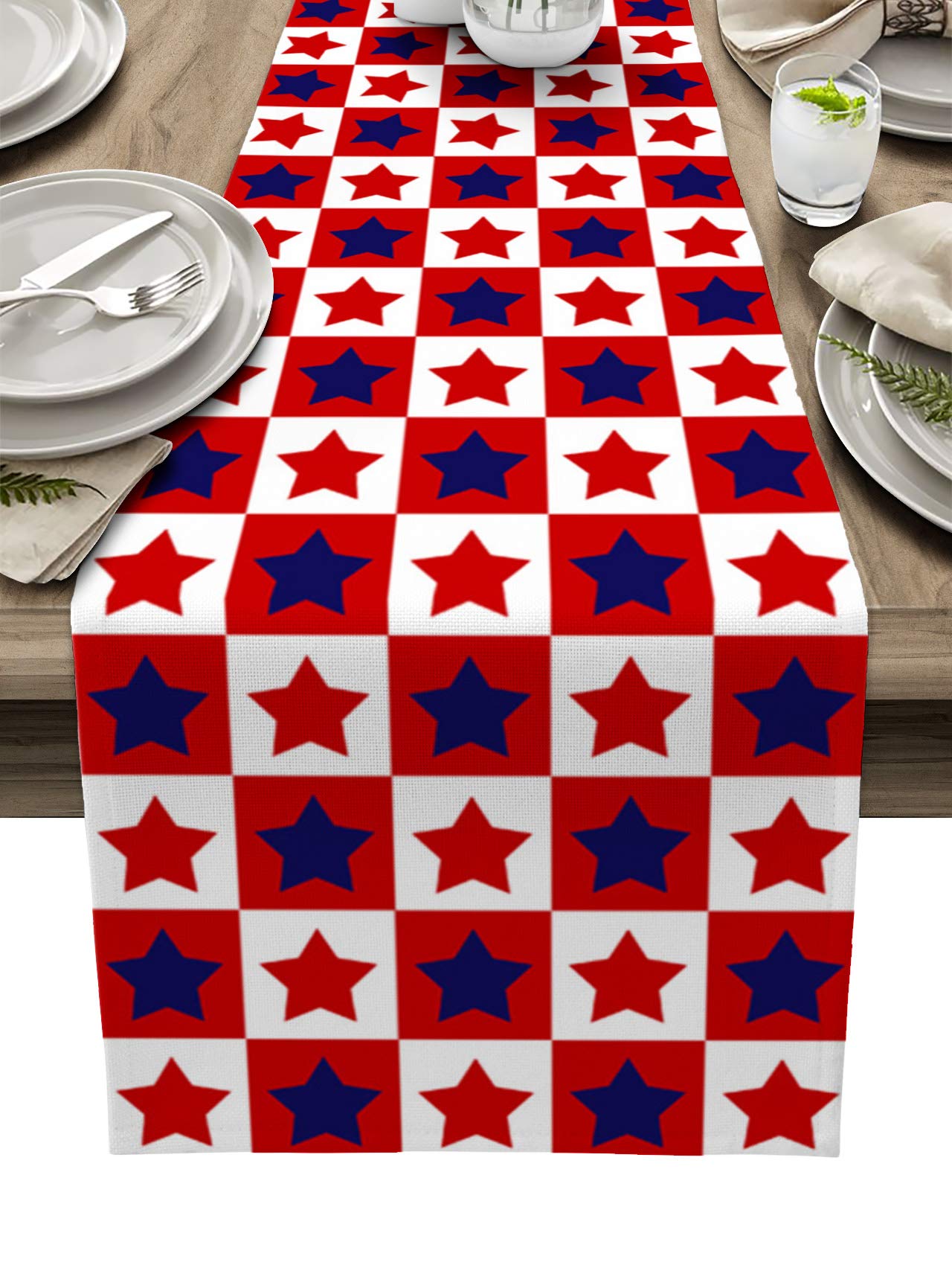 Patriotic Burlap Linen Table Runner 120 Inch - Red White Blue Buffalo Check Plaid Farmhouse Decor for Kitchen Dining Coffee Table | Perfect for 4th of July, Memorial Day Parties & Rustic Home Decor