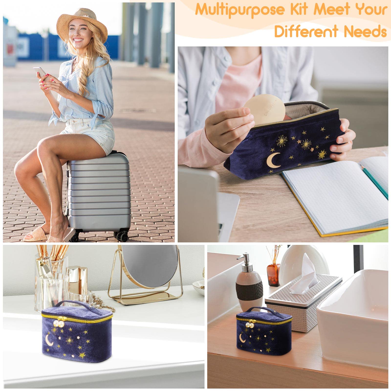 2 Pcs Velvet Makeup Bag Navy Blue with Moon Stars Sun Embroidery - Travel Cosmetic Pouch with Tassels & Pearls - Cute Toiletry Wash Bag for Women | Perfect for Travel, Gym, and Daily Storage