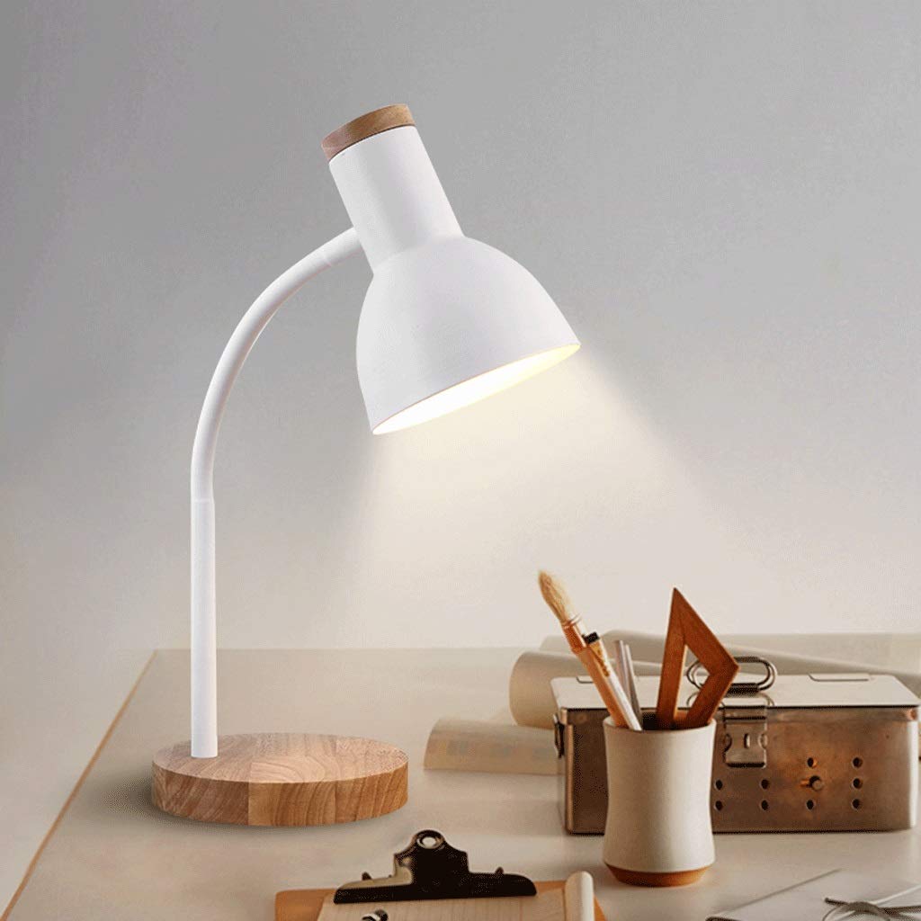 Adjustable Goose Neck Table Lamp with Wooden Base - Eye-Caring LED Desk Lamp for Study, Bedroom & Office - White Nightstand Lamp for Reading, Working & Relaxing