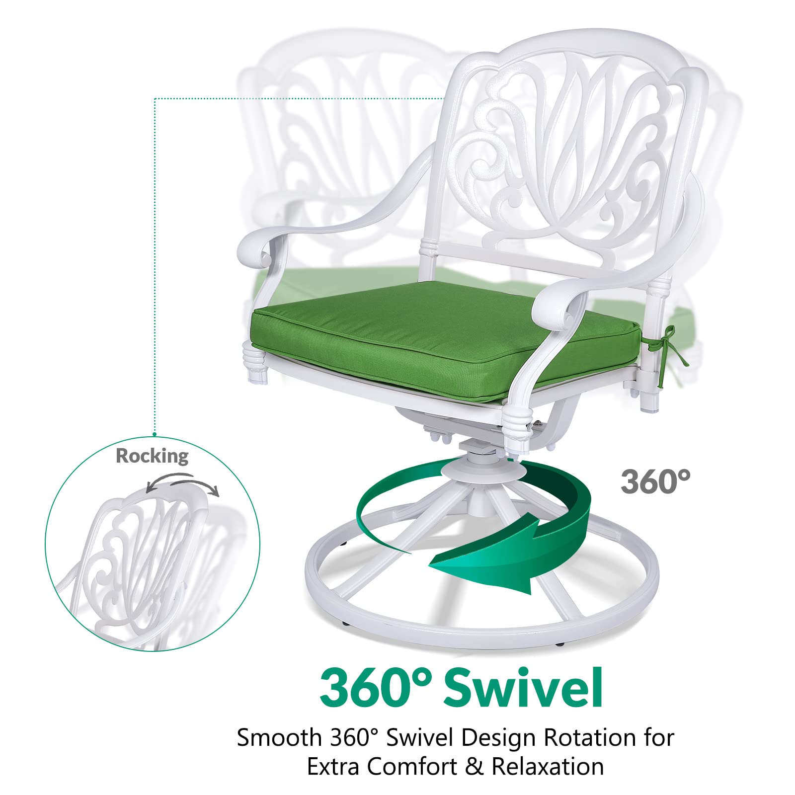 VIVIJASON 2-Piece Outdoor Bistro Swivel Dining Chairs Set - Patio Cast Aluminum Rocking Chairs with Cushions - Weather-Resistant Garden, Balcony, Backyard, Lawn Furniture - Perfect for Outdoor Dining, Relaxing & Entertaining - White