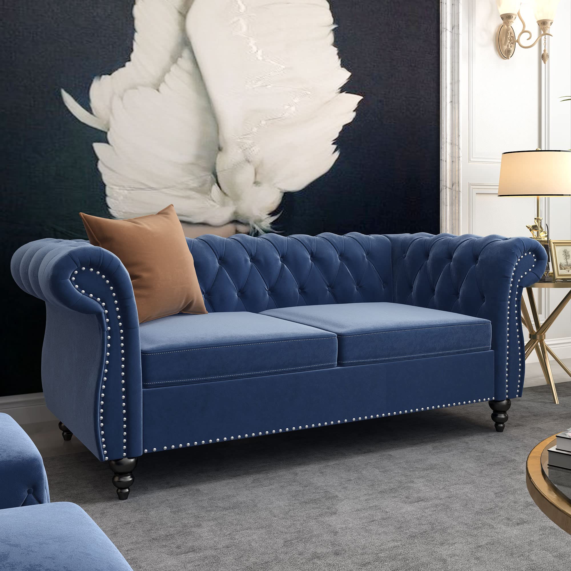 Modern Velvet Chesterfield Loveseat - Tufted 2-Seater Sofa with Scroll Arms & Nailhead Trim - Blue Velvet Couch for Living Room, Bedroom, Office & Apartment | Perfect for Small Spaces, Reading Nooks & Cozy Conversations