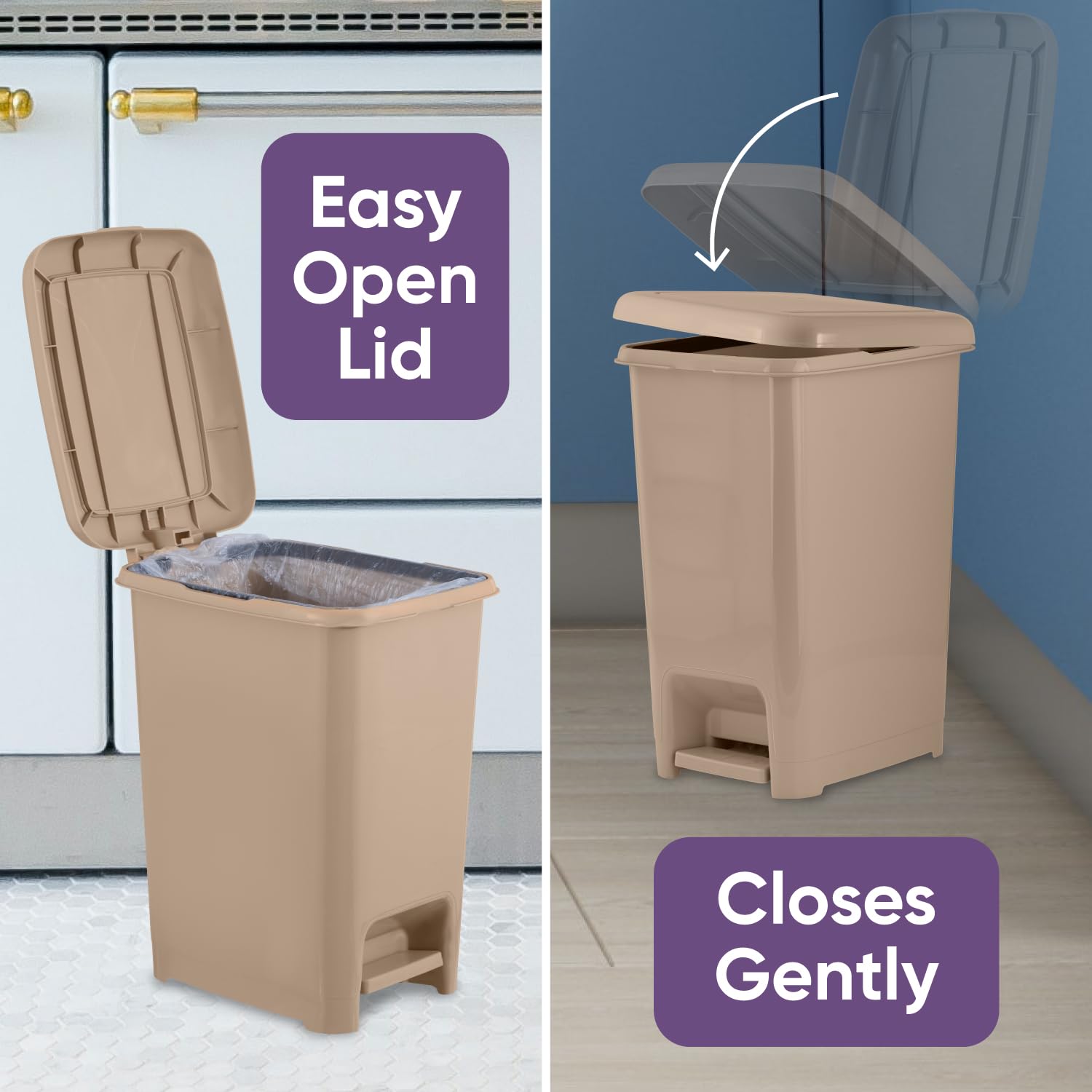 Superio 4 Gallon Slim Step-On Trash Can with Lid - Small Plastic Garbage Bin for Bathroom, Bedroom, Kitchen, Office, RV, Dorm & Patio - Hands-Free Foot Pedal Design - Perfect for Tight Spaces & Hygienic Waste Disposal - Beige