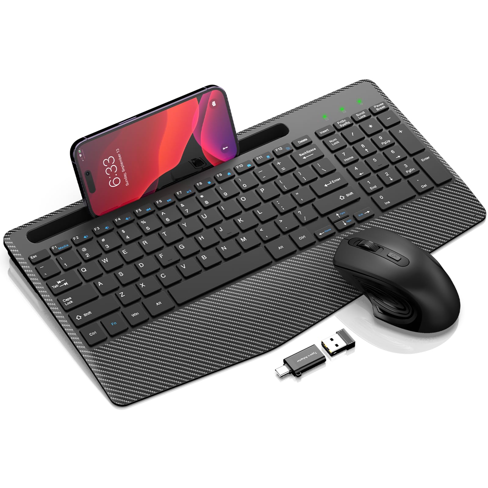 Ergonomic Wireless Keyboard and Mouse Combo with Wrist Rest - 2.4G Rechargeable Silent Cordless Set for Windows Mac PC Laptop - Includes Phone Holder & Sleep Mode (Black) | Perfect for Home Office, Gaming, and Remote Work