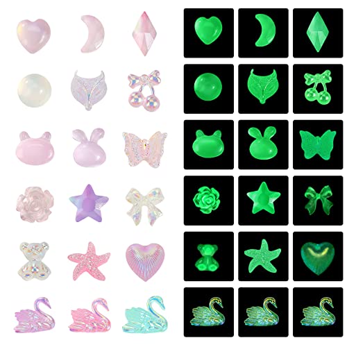 Ownsig 220pcs Glow in the Dark Nail Charms - Luminous Rhinestones, Flower, Rabbit, Bear, Star, Heart & Cherry Nail Art Decals - 20 Styles Neon Nail Decorations for DIY Manicure, Party & Night Out Nail Designs