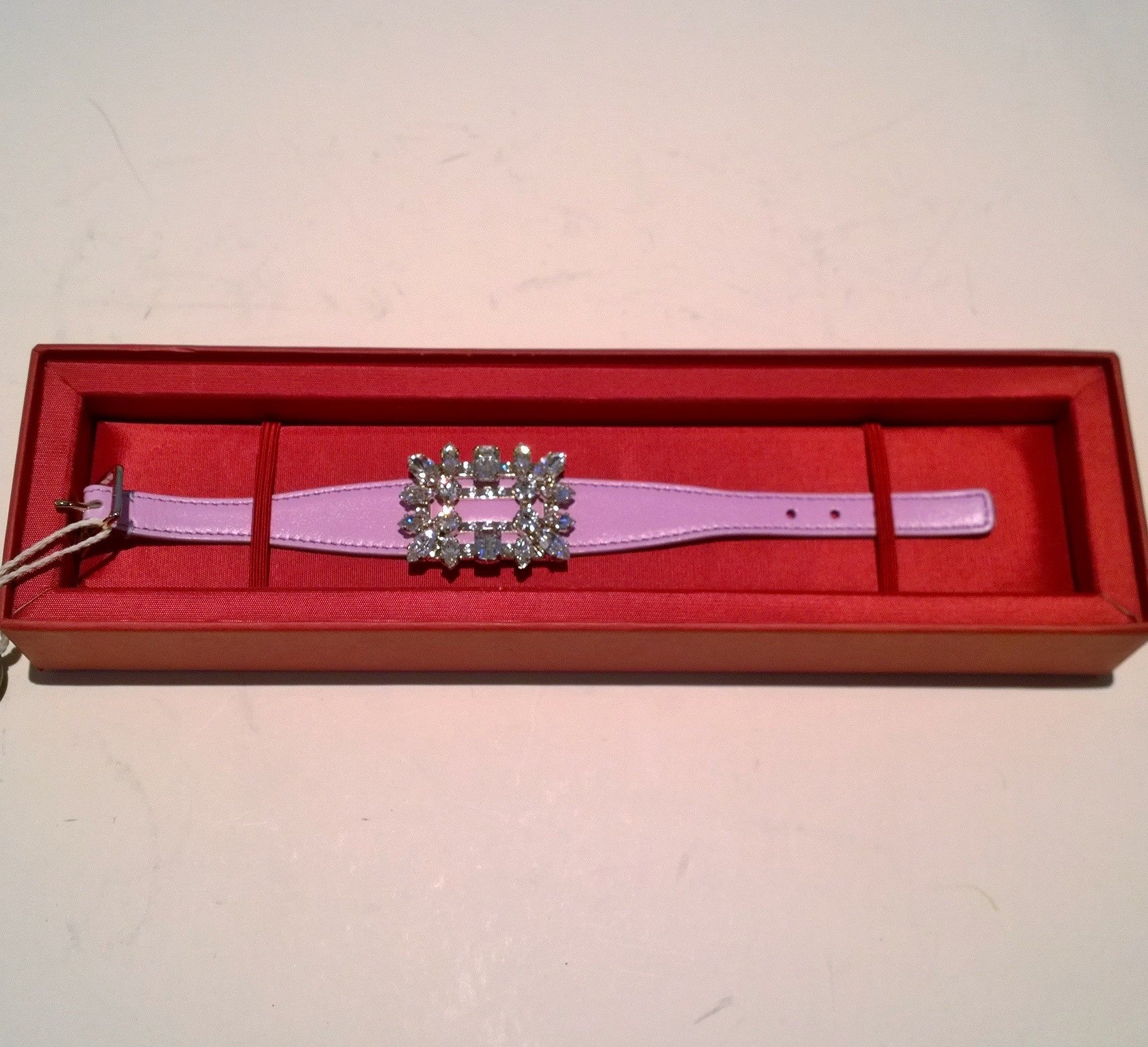 Roger Vivier Lilac Leather Rhinestone Buckle Bracelet for Women - Elegant Pink Crystal Jewelry for Parties, Weddings & Special Occasions