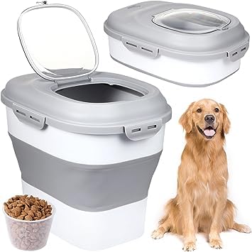 Foldable 30Lb Pet Food Storage Container with Measuring Cup - Airtight Plastic Bin for Dog, Cat & Fish Food - Sealed Lid & Wheels for Easy Transport - Perfect for Home, Kitchen & Pet Supplies Organization