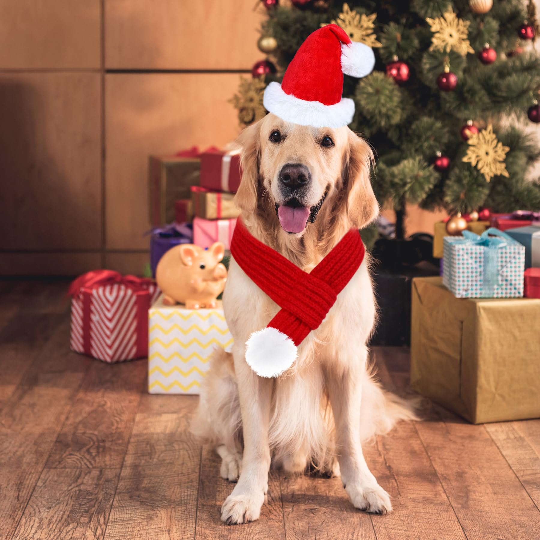 Dog Christmas Outfit - Adjustable Knitted Santa Hat & Scarf Set with Pompom Ball for Small to X-Large Dogs | Festive Holiday Pet Costume for Christmas Photos & Parties