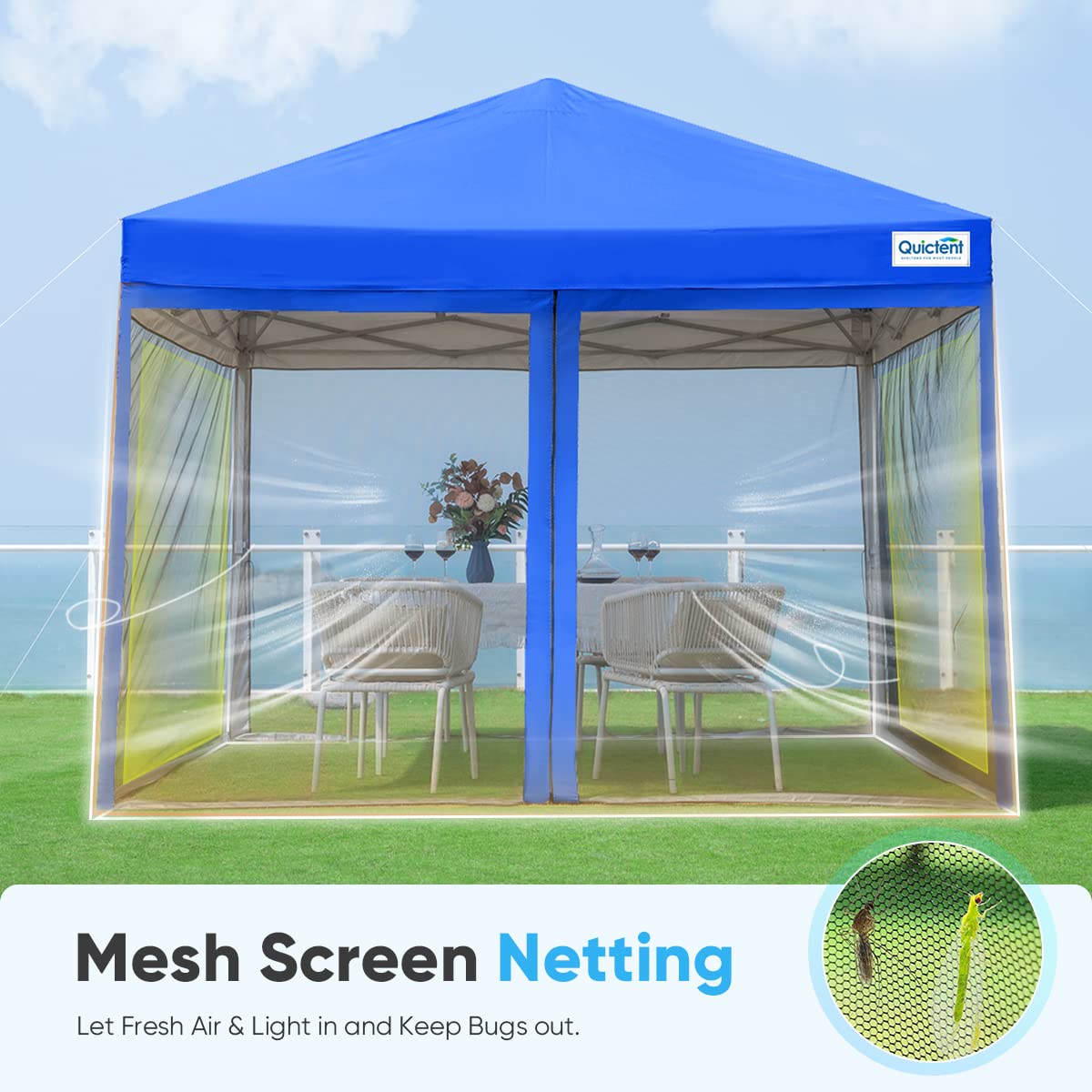 Quictent 8'x8’ Pop Up Canopy Tent with Mosquito Net - Portable Outdoor Screen Shelter for Camping, Picnic, Patio & Backyard - Includes Wheeled Carry Bag (Royal Blue) - Perfect for Summer BBQs, Beach Trips & Garden Parties