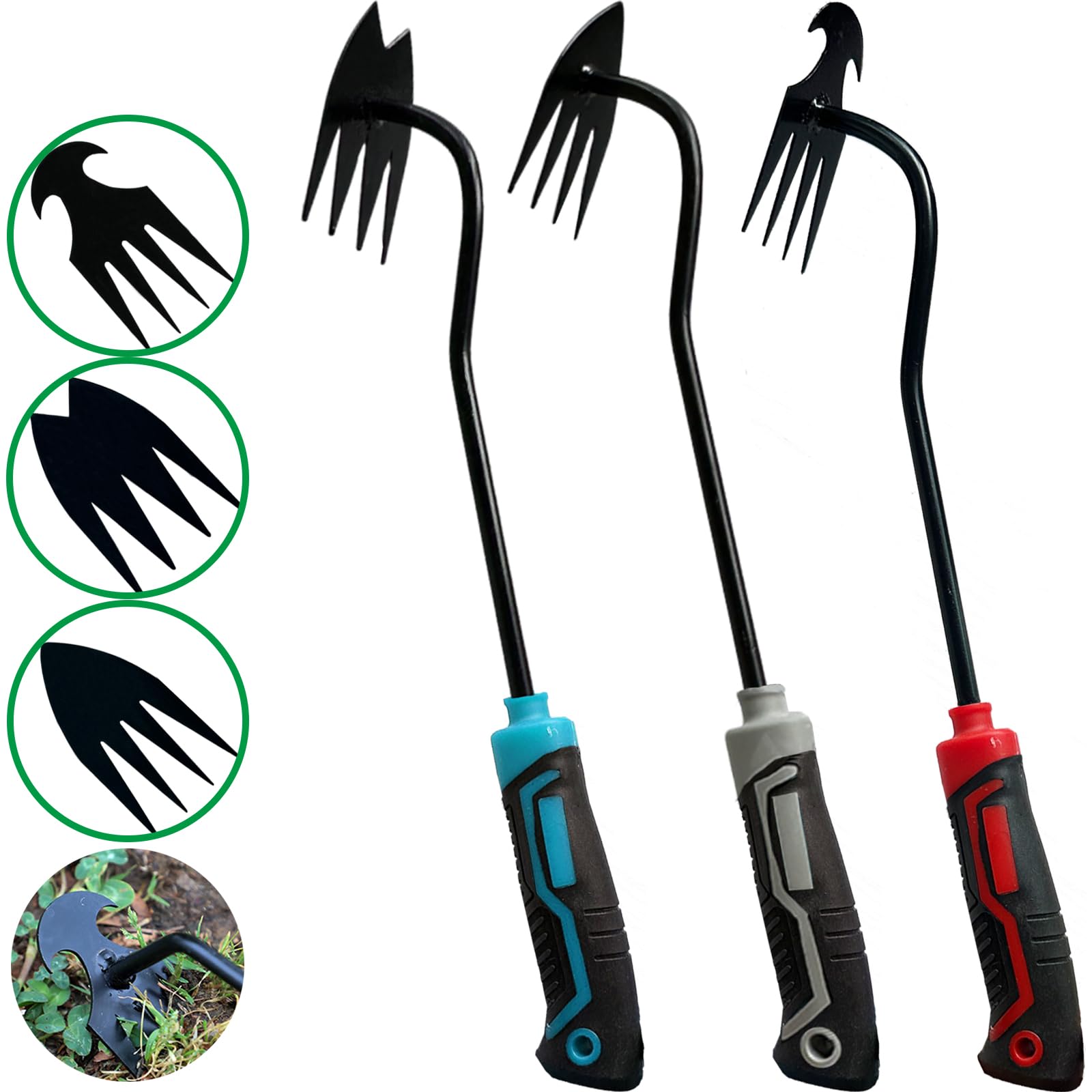 3pc Garden Weed Puller Tool with Rubber Handle - Manual Weeder for Lawns & Gardens