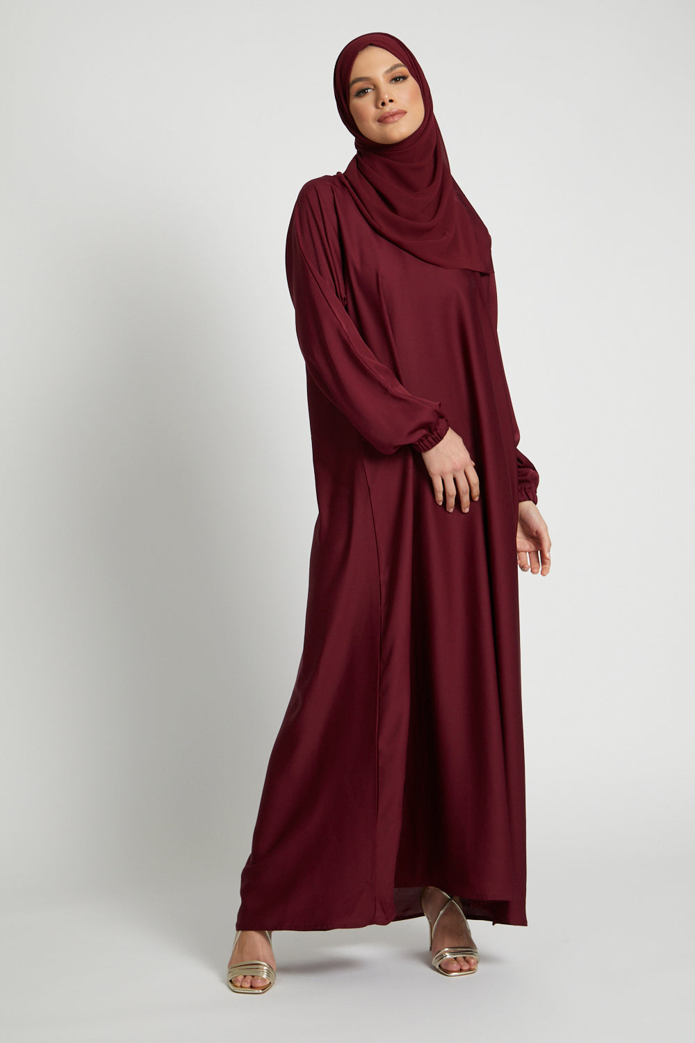 Elegant Plain Abaya with Elasticated Cuffs - Deep Maroon Color | Modest Muslim Dress for Women | Perfect for Prayer, Mosque & Special Occasions