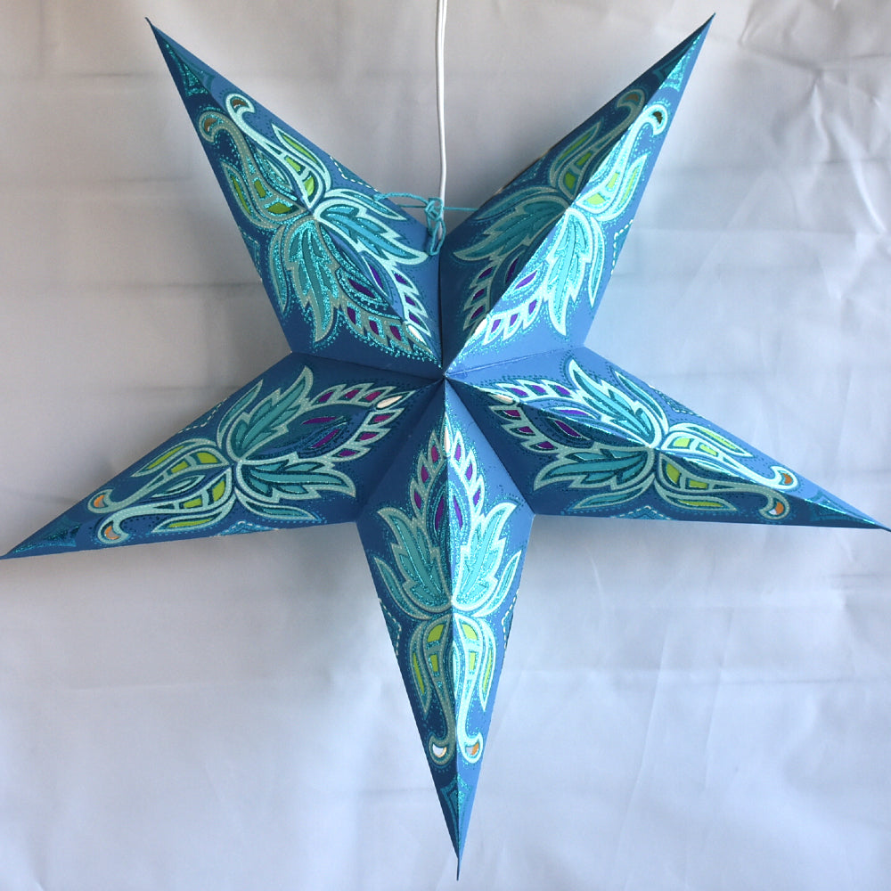 24 Blue & Turquoise Lotus Glitter Paper Star Lanterns - Hanging Decorative Lights for Parties, Weddings, Home Decor & Outdoor Events