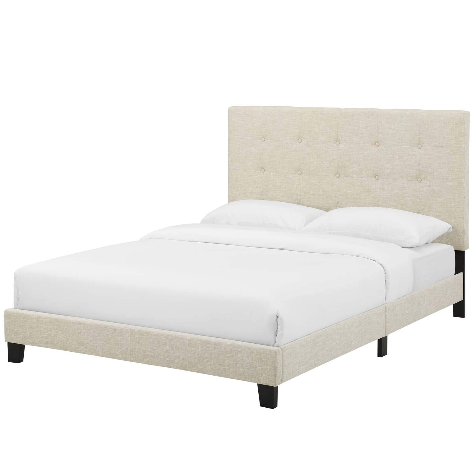 Modern Full Size Platform Bed Frame - Contemporary Urban Design, Soft Fabric Upholstery in Beige | Perfect for Small Bedrooms, Guest Rooms & Studio Apartments