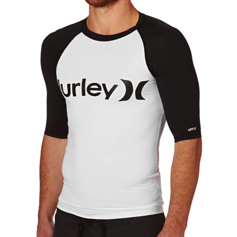 Men's Hurley One & Only Short Sleeve Rash Guard Shirt - UPF 50+ Sun Protection, Quick-Dry Swim Shirt for Surfing, Swimming & Beach Activities (Black/White)