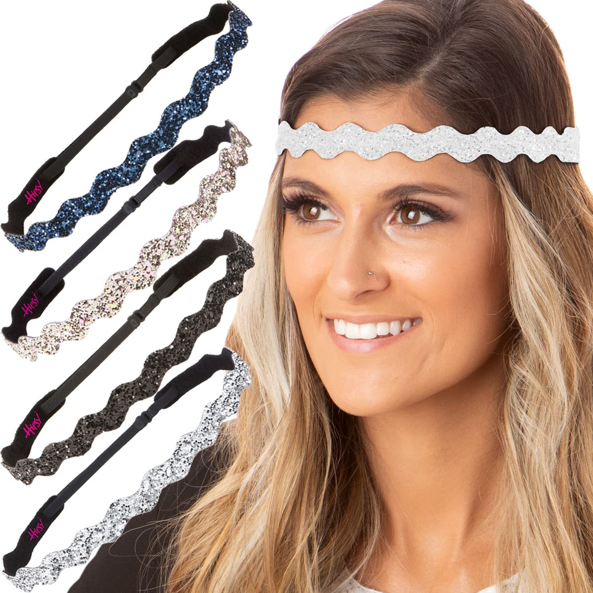 Hipsy Women's Adjustable No Slip Bling Glitter Wave Headbands - 5 Pack (Wave Silver/Black/Rose Gold/Navy/White) - Perfect for Workouts, Yoga, Running and Fashion Accessories
