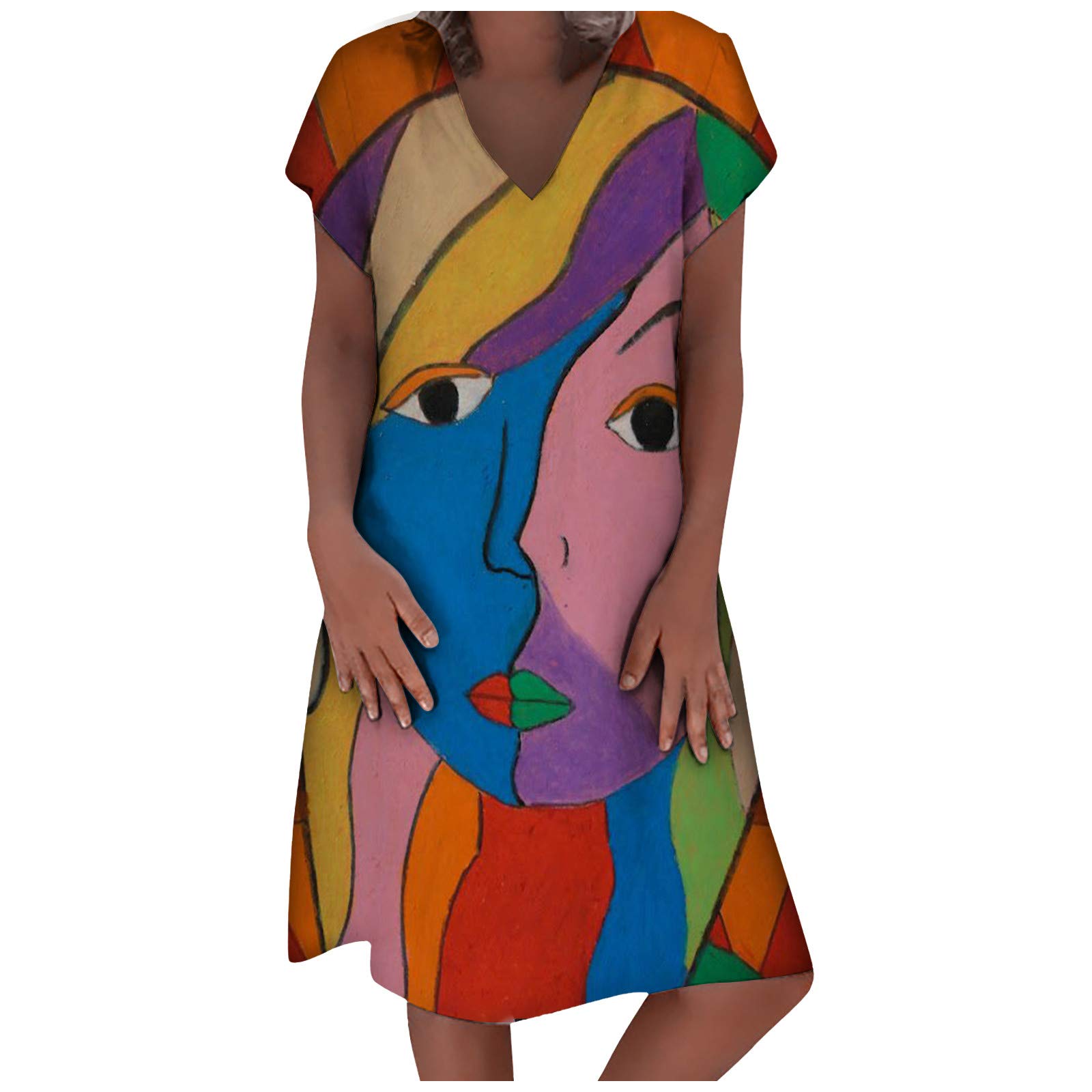 Stylish Short-Sleeve V-Neck Summer Dress for Women - Abstract Print Plus Size Maxi Dress (Dark Blue, XXL) | Perfect for Beach Vacations, Casual Outings & Summer Parties