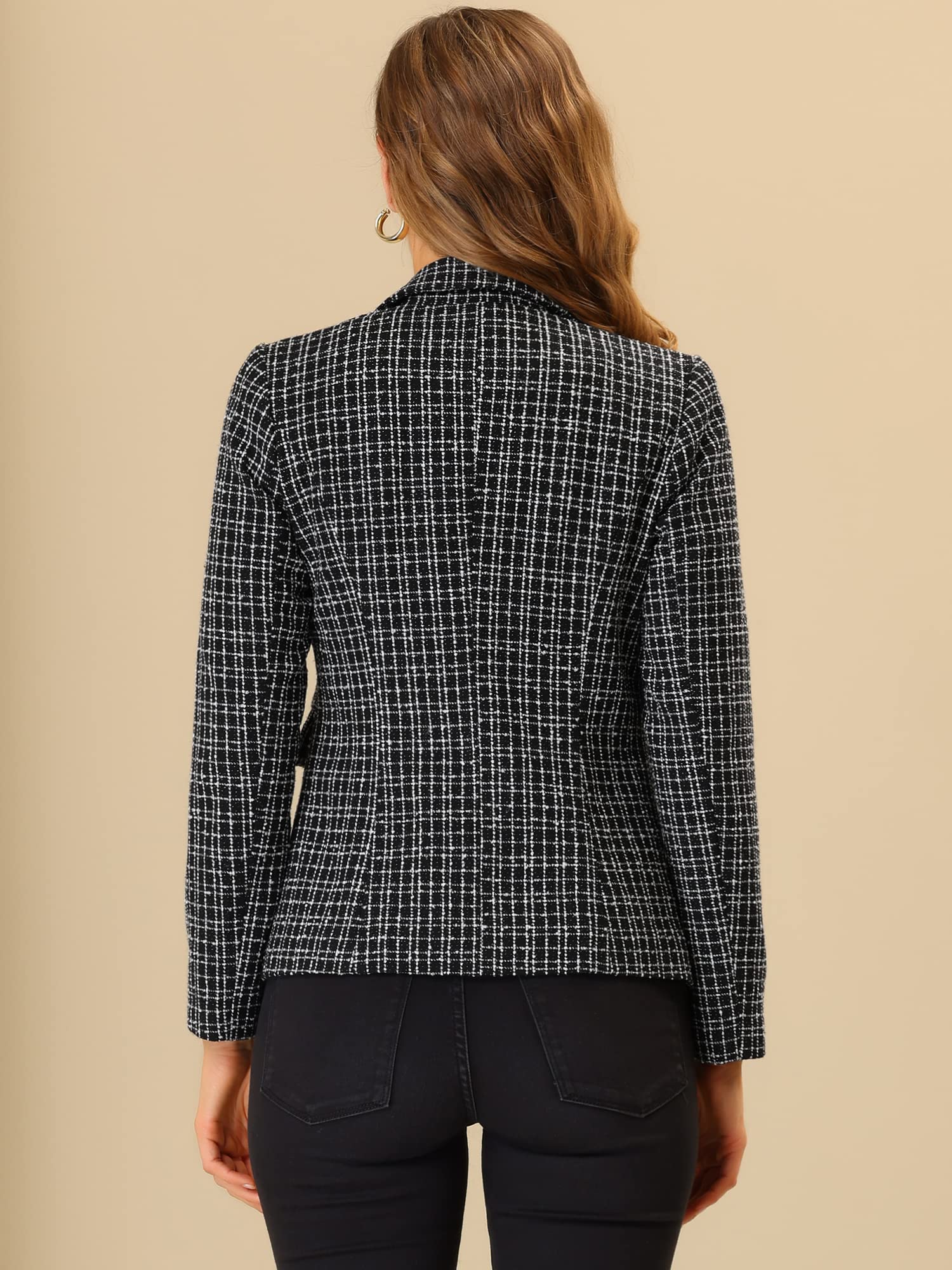 Allegra K Women's Tweed Blazer Jacket - Elegant Long Sleeve Plaid Work Jacket with Open Front Design | Perfect for Office Wear, Business Meetings & Professional Outfits