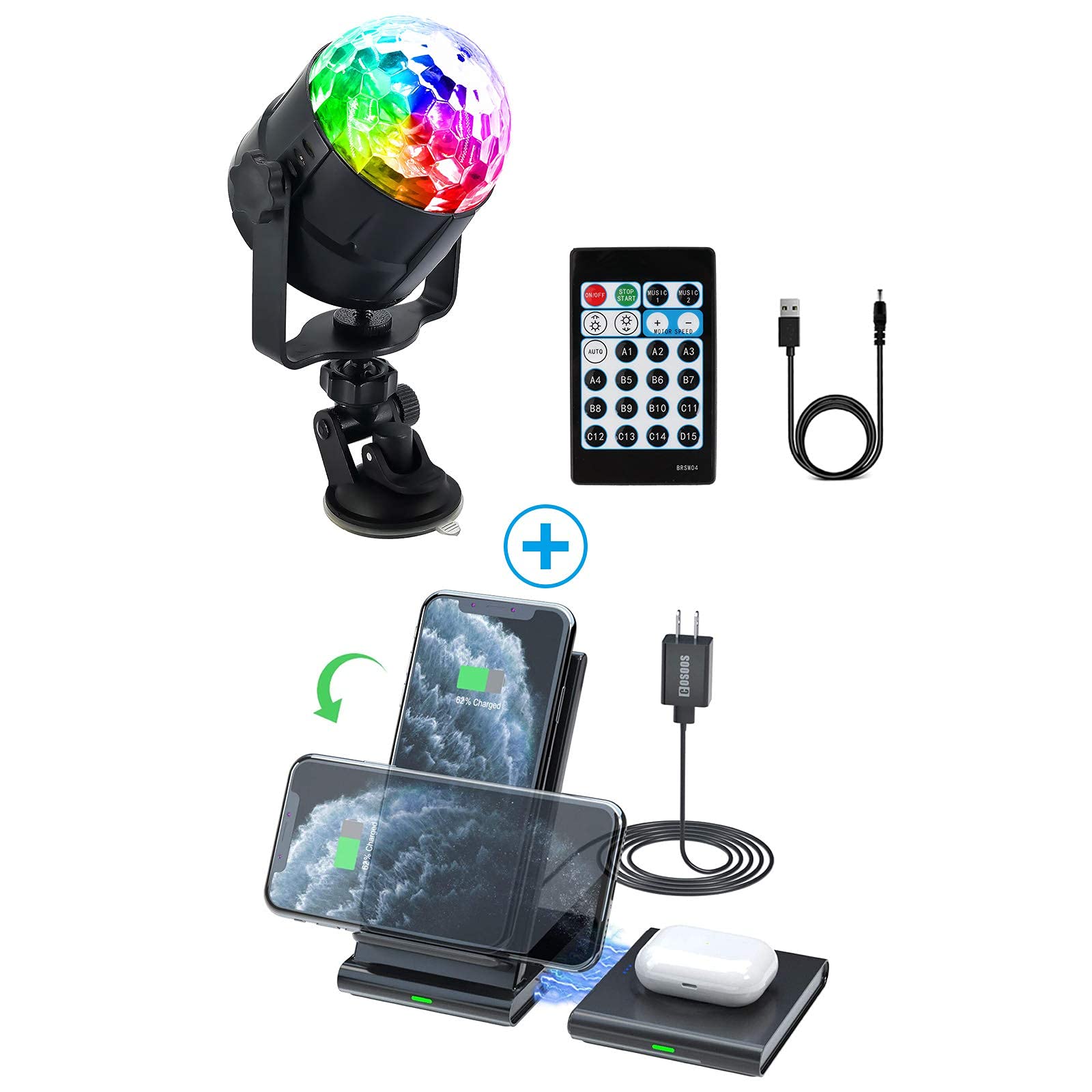 Wireless Charger with Disco Ball & Sound-Activated Party Lights - 15 Modes Remote Control Strobe Lamp for Stage, DJ, Home Dance Party & Nightclub Lighting