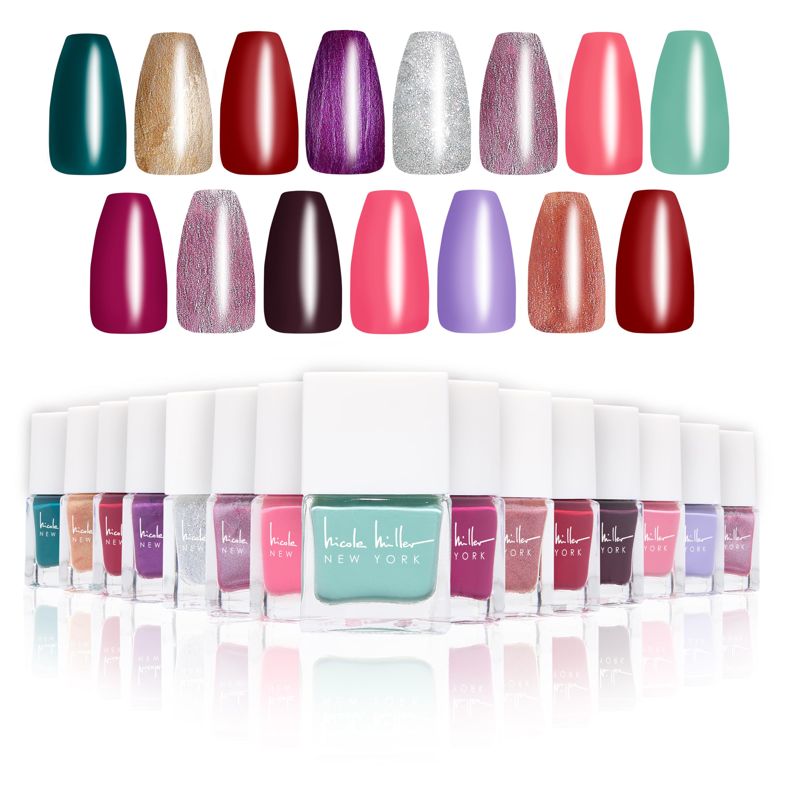 Nicole Miller New York Water-Based Easy Peel Off Long-Lasting Nail Polish Set - 15 Mini Vibrant Trendy Glossy Colors for Manicure & Pedicure at Home or Salon