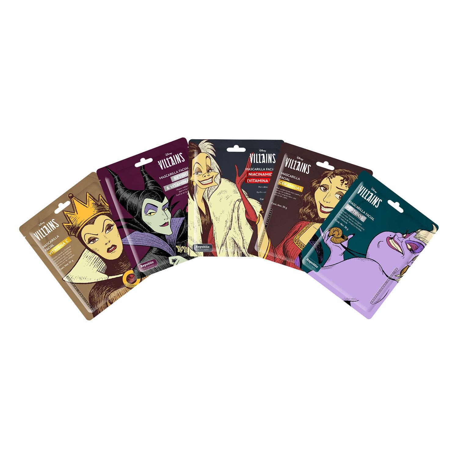 5-Piece Villain Skincare Mask Set - Retinol (Vitamin A), Vitamin C, Niacinamide (B3), Peptide & Ceramide Masks for Glowing Skin | Perfect for Spa Night, Self-Care Routine & Travel Skincare