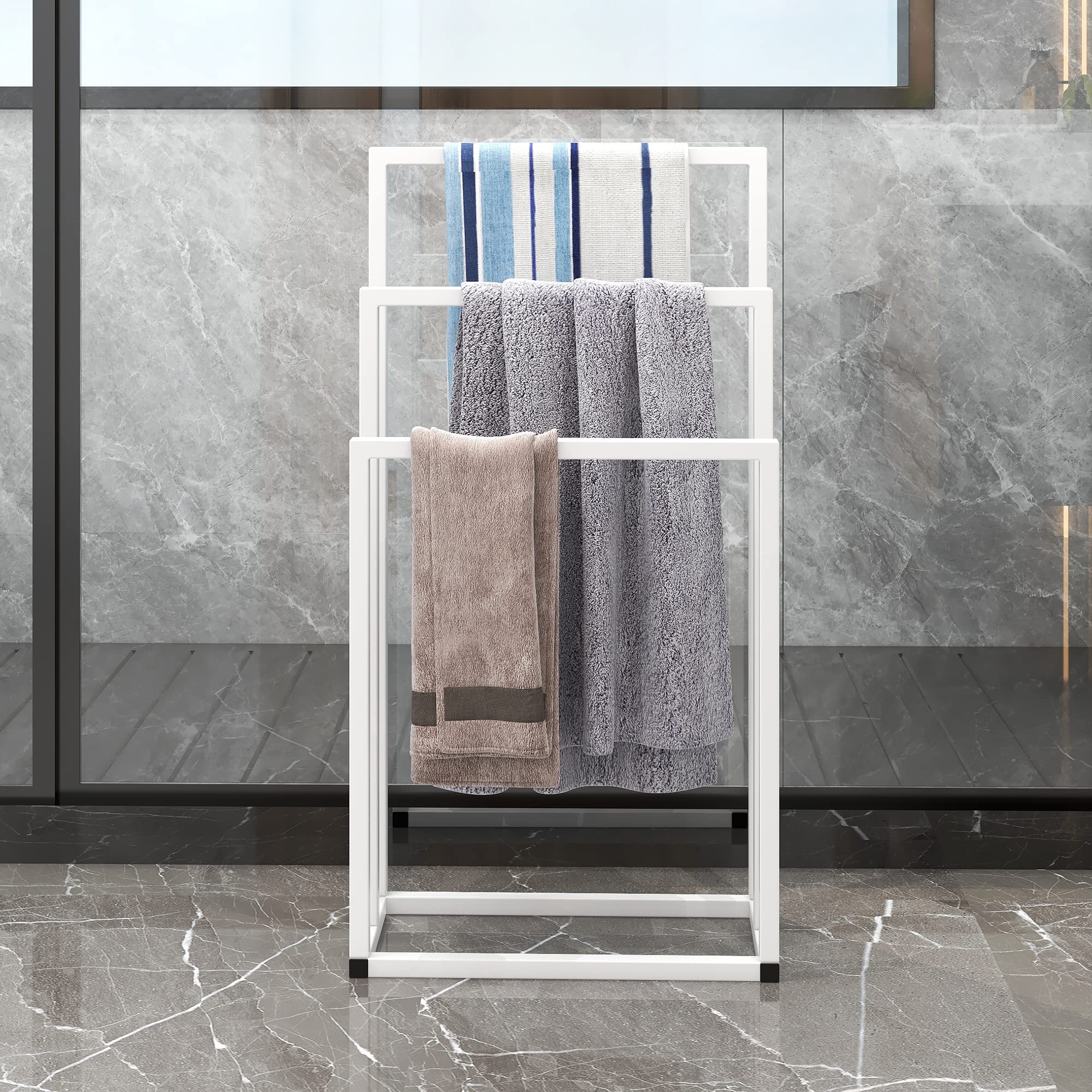 HOJINLINERO 3-Tier Chrome Metal Freestanding Towel Rack - Modern Industrial Bathroom Storage Organizer for Hand Towels & Washcloths - Perfect for Bathroom, Shower, or Tub Side Storage