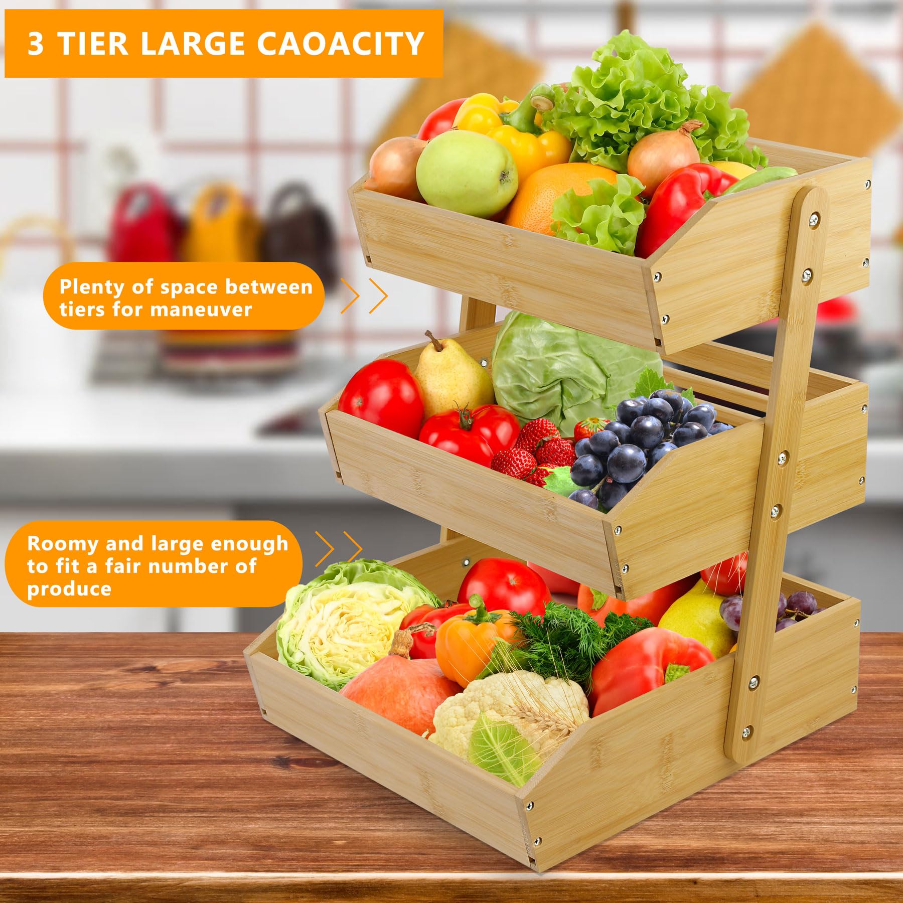 3-Tier Bamboo Fruit Basket Stand for Kitchen Counter - Large Fruit & Vegetable Storage Bowl, Display Rack for Fresh Produce - Perfect for Kitchen Organization, Pantry Storage & Healthy Snack Display