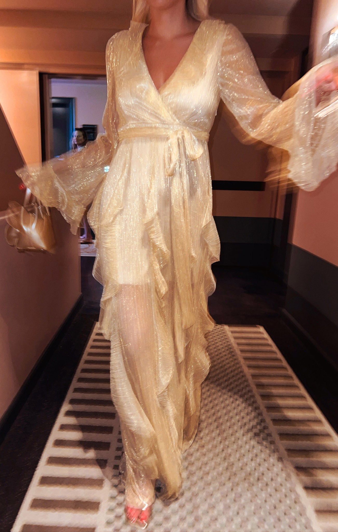 Jenny Ruffle Maxi Dress in Gold Glimmer - Elegant Flowy Long Dress for Women, Perfect for Weddings, Parties & Special Occasions