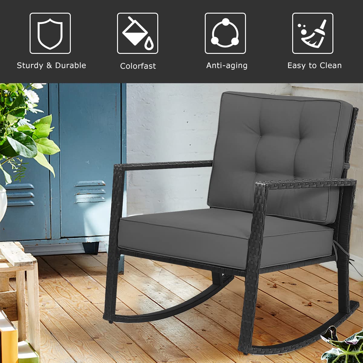 Hysache Patio Rocking Chair - Rattan Wicker Rocking Armchair with Thick Cushion & Durable Steel Frame, Outdoor Wicker Furniture for Garden, Porch, Backyard, Poolside - Comfortable Seating for Relaxing Outdoors (Gray)