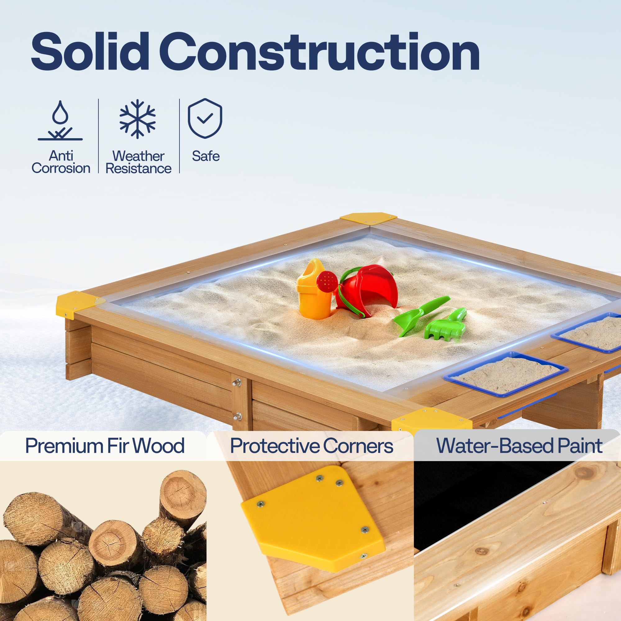 VIVOHOME 47 Inch Wooden Sandbox with 2 Plastic Side Containers & Rotatable UV-Resistant Canopy - Outdoor Kids Sandbox for Backyard, Beach, Park, and Playground Fun