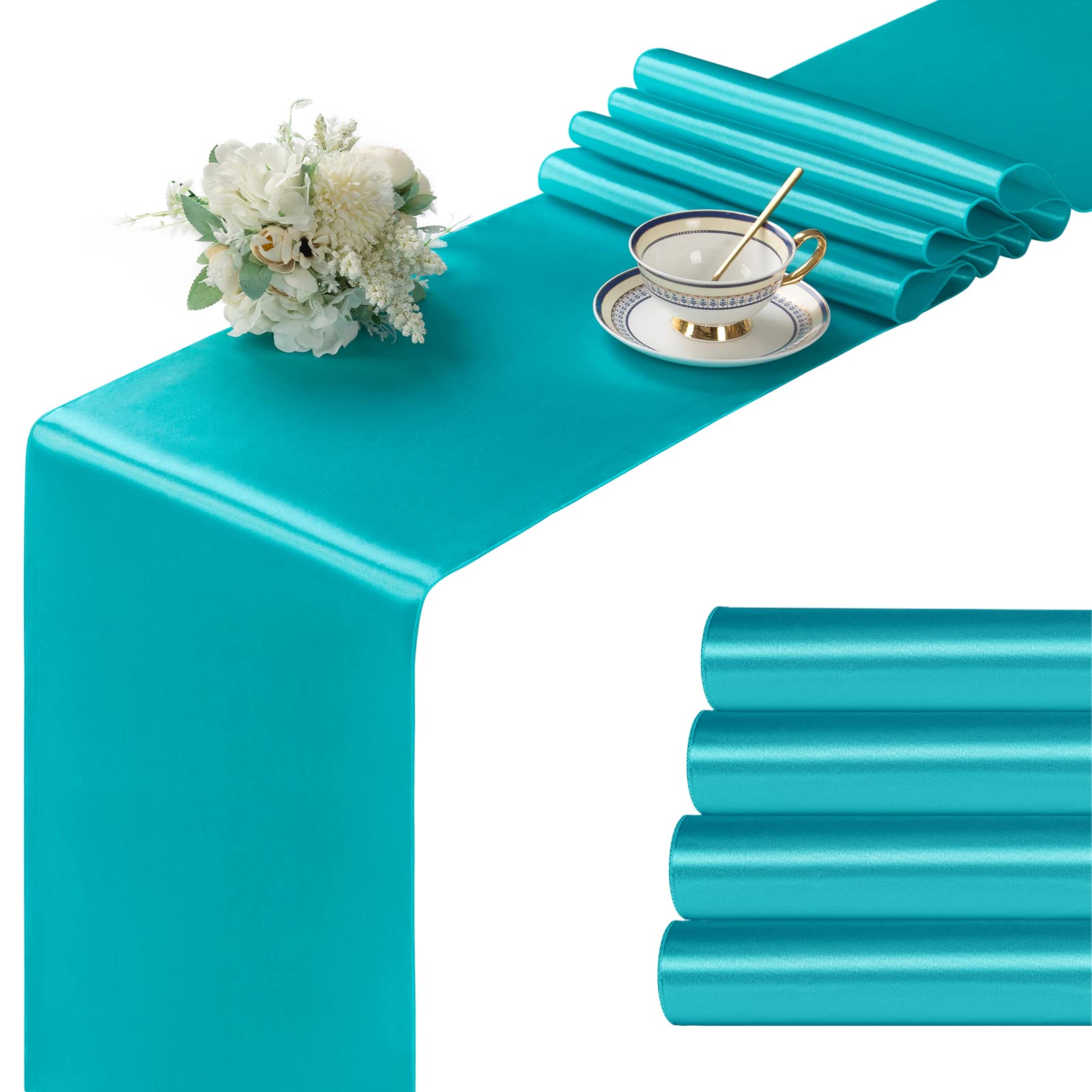 Manyshofu 4-Piece Satin Teal Table Runner Set - 12x108 Inch Long Elegant Table Decor for Weddings, Banquets, Birthdays & Graduations | Smooth Party Table Runner for Buffet, Dinner & Chef Tables