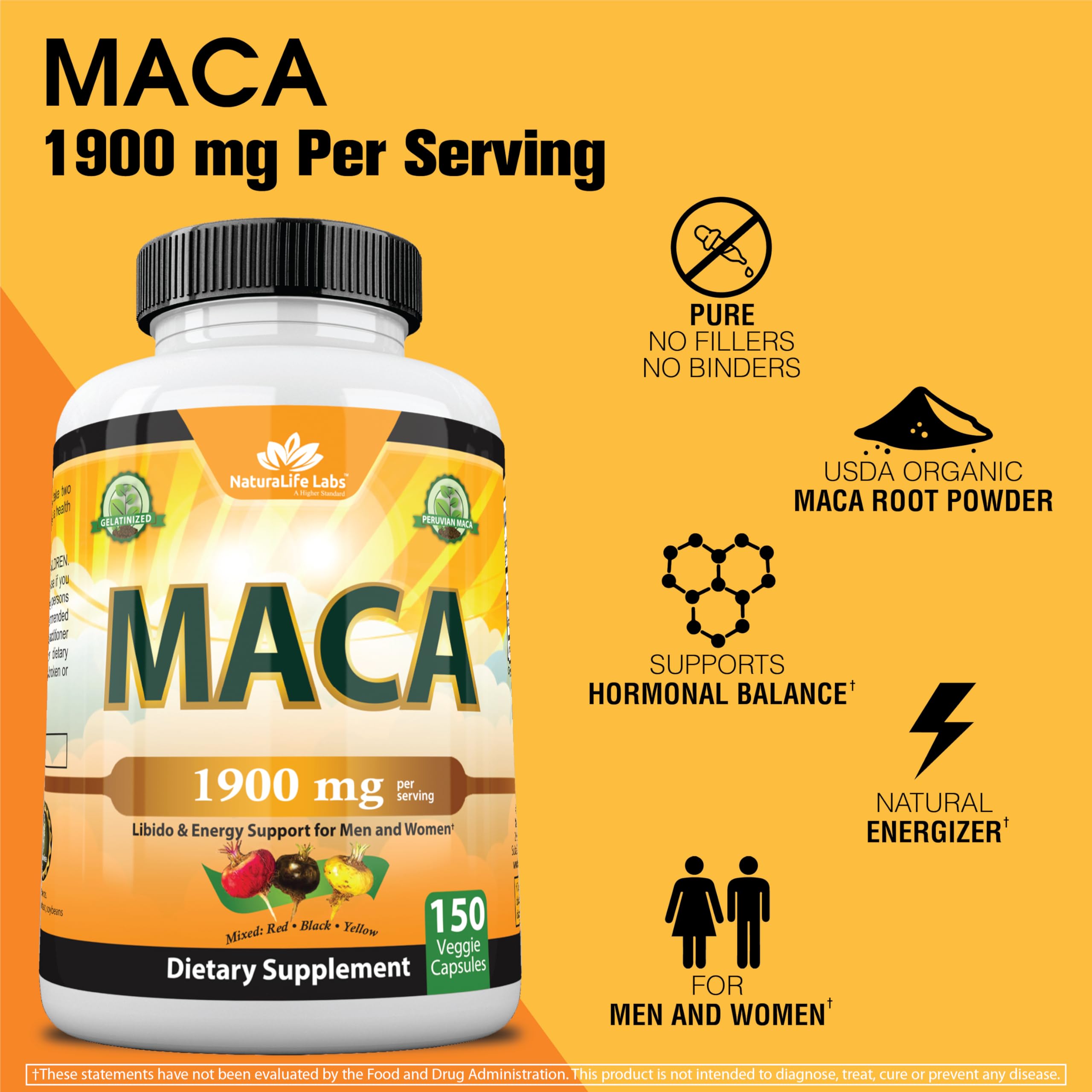 Organic Maca Root Powder Capsules 1900mg - Black, Red & Yellow Peruvian Maca (150 Vegan Caps) | Non-GMO, Gelatinized for Better Absorption | Supports Energy, Stamina & Reproductive Health | Perfect for Smoothies, Workouts & Daily Wellness