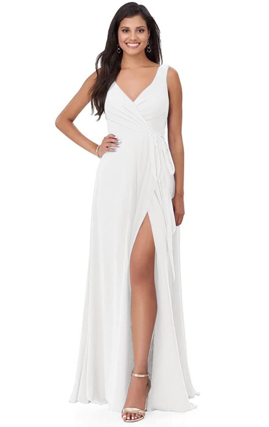 Elegant Split V-Neck Chiffon Bridesmaid Dresses - Long A-Line Formal Evening Gowns for Women with Pleated Detailing & Adjustable Belt | Perfect for Weddings, Proms & Special Occasions