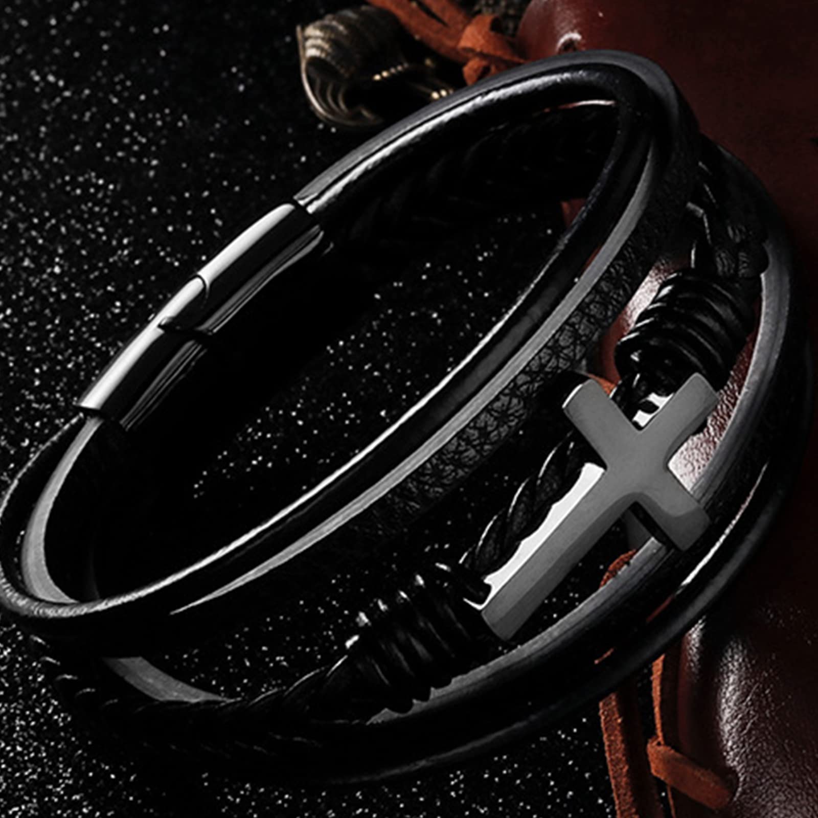 Christian Leather Cross Bracelet for Men - Religious Gift for Son or Grandson - Inspirational Faith Jewelry for Daily Wear & Special Occasions