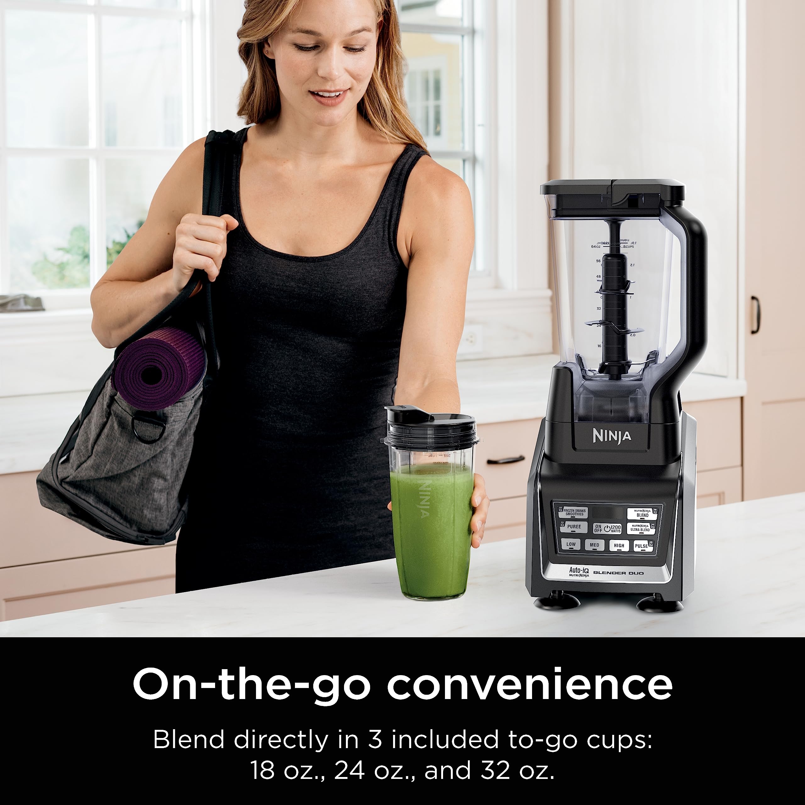 Ninja BL642 Nutri Ninja 1200W Auto-iQ Blender with 72oz Pitcher & To-Go Cups (18/24/32oz) - Perfect for Smoothies, Protein Shakes, Meal Prep & Frozen Drinks - Dishwasher Safe Countertop Blender for Home, Gym & Office Use - Black