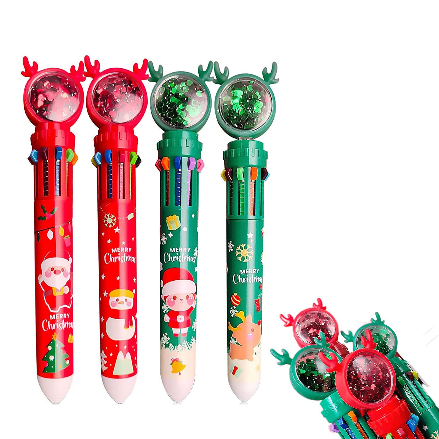 10-Color Christmas Ballpoint Pens - Retractable Push-Type Multicolored Pens, Fun & Functional Gift for Kids, Teens, Students - Perfect for School, Office, Holiday Writing & Gift-Giving (4-Pack)
