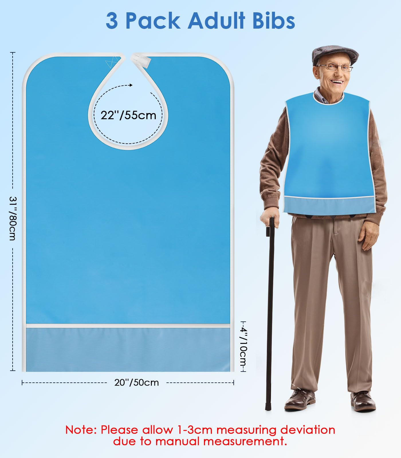 3 Pack Waterproof Adult Bibs for Elderly - Oilproof & Crumb Catcher Feeding Bibs for Men & Women - Reusable Washable Senior Dining Bibs - Perfect for Mealtime, Nursing Homes & Assisted Living (Blue)