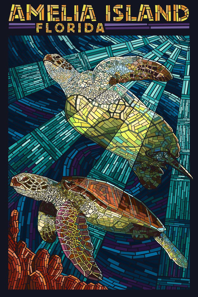 Lantern Press 16x24 Inch Giclee Art Print - Amelia Island Florida Sea Turtle Mosaic Wall Decor for Beach House, Living Room & Office