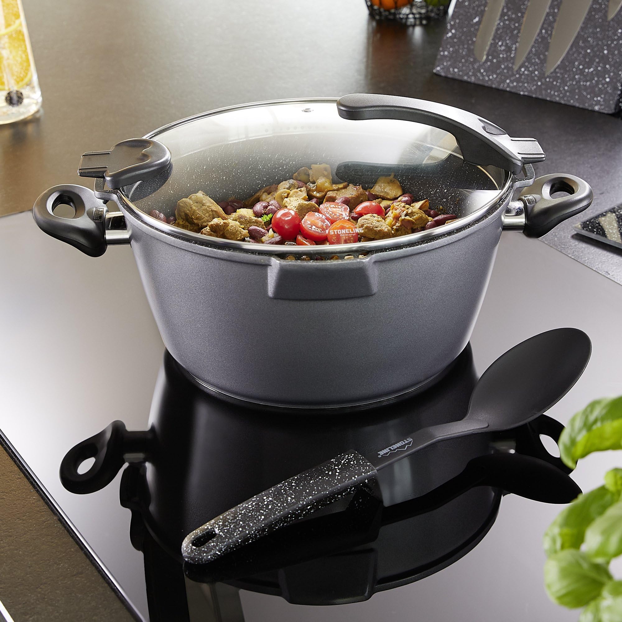 28cm Future Induction-Compatible Cooking Pot with Glass Sieve Lid - Perfect for Boiling, Steaming & Healthy Cooking on Induction Stovetops