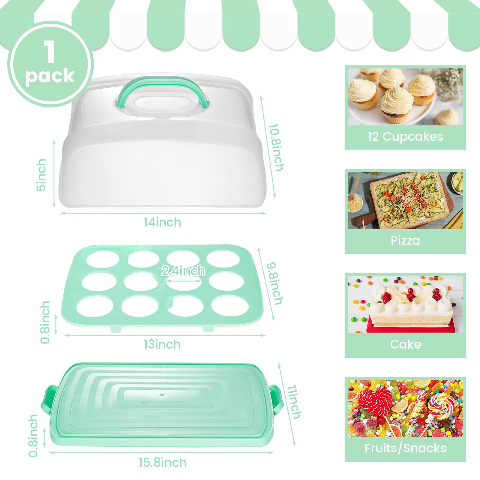 VGOODALL 12-Cupcake Cake Carrier with Lid - 2-in-1 Portable Dessert Container for Cakes, Pies, Muffins & Cobblers | Green Baking Storage Box for Parties, Picnics & Potlucks
