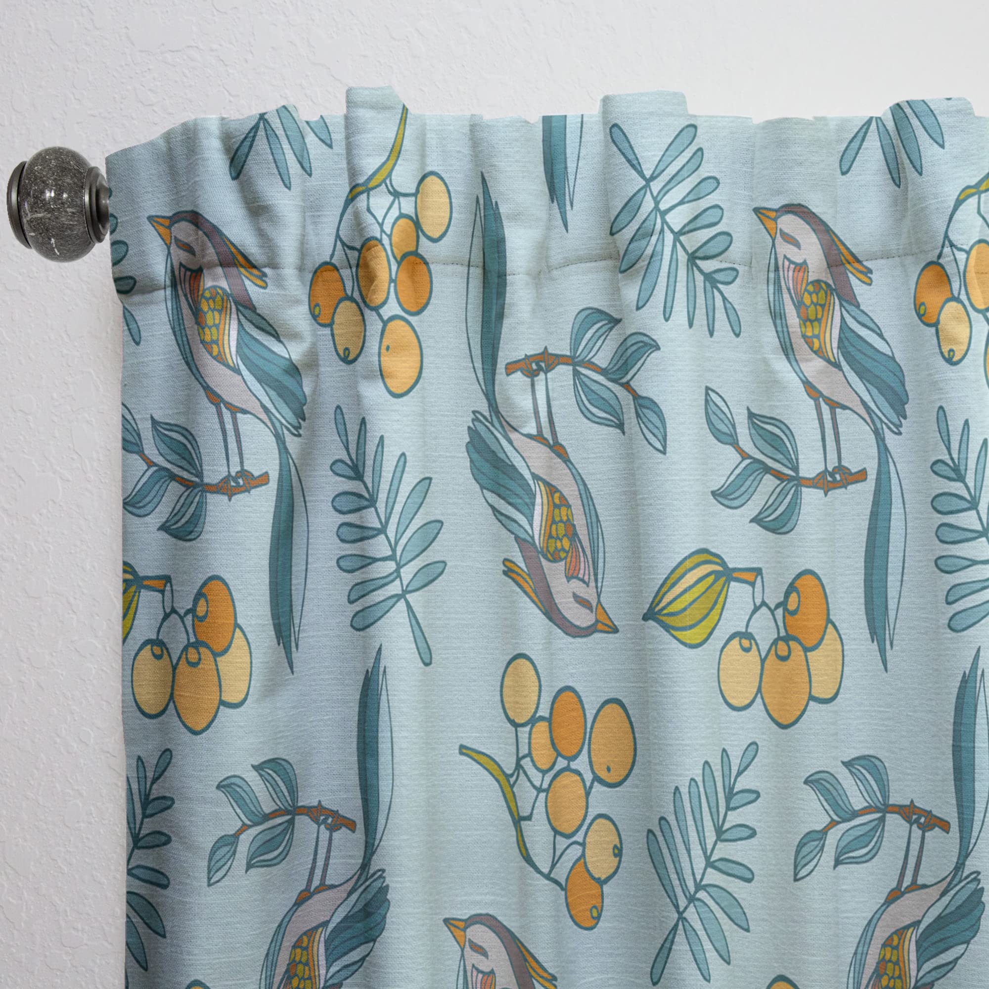 Thermal Insulated Blackout Curtains - 52x90 Inch Single Panel with Bird & Berry Print for Bedroom & Living Room - Noise Reducing & Energy Saving Window Drapes for Home Decor