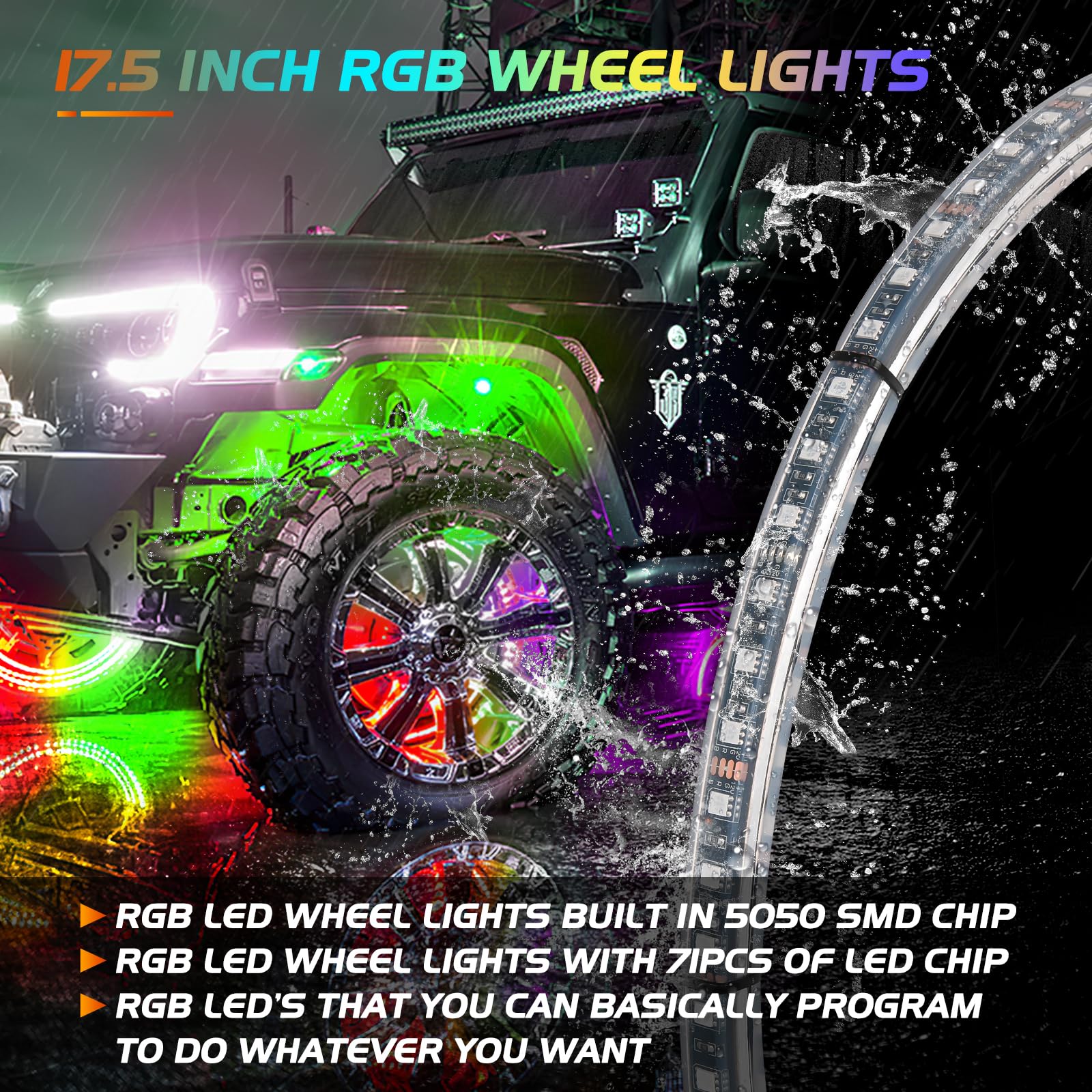 Nilight 4PCS 17.5inch RGB LED Wheel Ring Lights with APP & Remote Control - Dual Row Neon Lights with Turn Signal & Braking Function for Cars, SUVs, Trucks & Vans - Perfect for Off-Roading, Car Shows & Night Driving